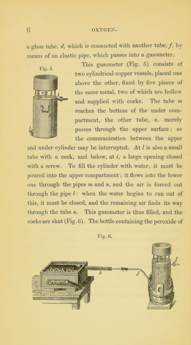 a glass tube, d, which is connected with another tube,/, by means of an elastic pipe, which passes into a gasometer. This gasometer (Fig. 5) consists of two cylindrical copper vessels, placed one above the other, fixed by five pieces of the same metal, two of which are hollow and supplied with cocks. The tube m reaches the bottom of the under com- partment, the other tube, n, merely passes through the upper surface; so the communication between the upper and under cylinder may be interrupted. At l is also a small tube with a cock, and below, at i, a large opening closed with a screw. To fill the cylinder with water, it must be poured into the upper compartment; it flows into the lower one through the pipes m and n, and the air is forced out through the pipe l: when the water begins to run out of this, it must be closed, and the remaining air finds its way through the tube n. This gasometer is thus filled, and the