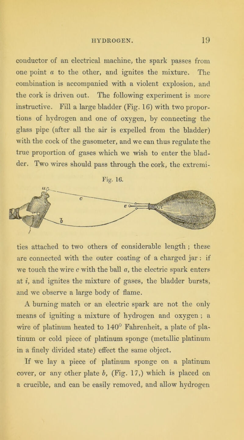 conductor of an electrical machine, the spark passes from one point a to the other, and ignites the mixture. The combination is accompanied with a violent explosion, and the cork is driven out. The following experiment is more instructive. Fill a large bladder (Fig. 16) with two propor- tions of hydrogen and one of oxygen, by connecting the glass pipe (after all the air is expelled from the bladder) with the cock of the gasometer, and we can thus regulate the true proportion of gases which we wish to enter the blad- der. Two wires should pass through the cork, the extremi- Fig. 1C. ties attached to two others of considerable length ; these are connected with the outer coating of a charged jar : if we touch the wire c with the ball a, the electric spark enters at i, and ignites the mixture of gases, the bladder bursts, and we observe a large body of flame. A burning match or an electric spark are not the only means of igniting a mixture of hydrogen and oxygen ; a wire of platinum heated to 140° Fahrenheit, a plate of pla- tinum or cold piece of platinum sponge (metallic platinum in a finely divided state) effect the same object. If we lay a piece of platinum sponge on a platinum cover, or any other plate b, (Fig. 17,) which is placed on a crucible, and can be easily removed, and allow hydrogen