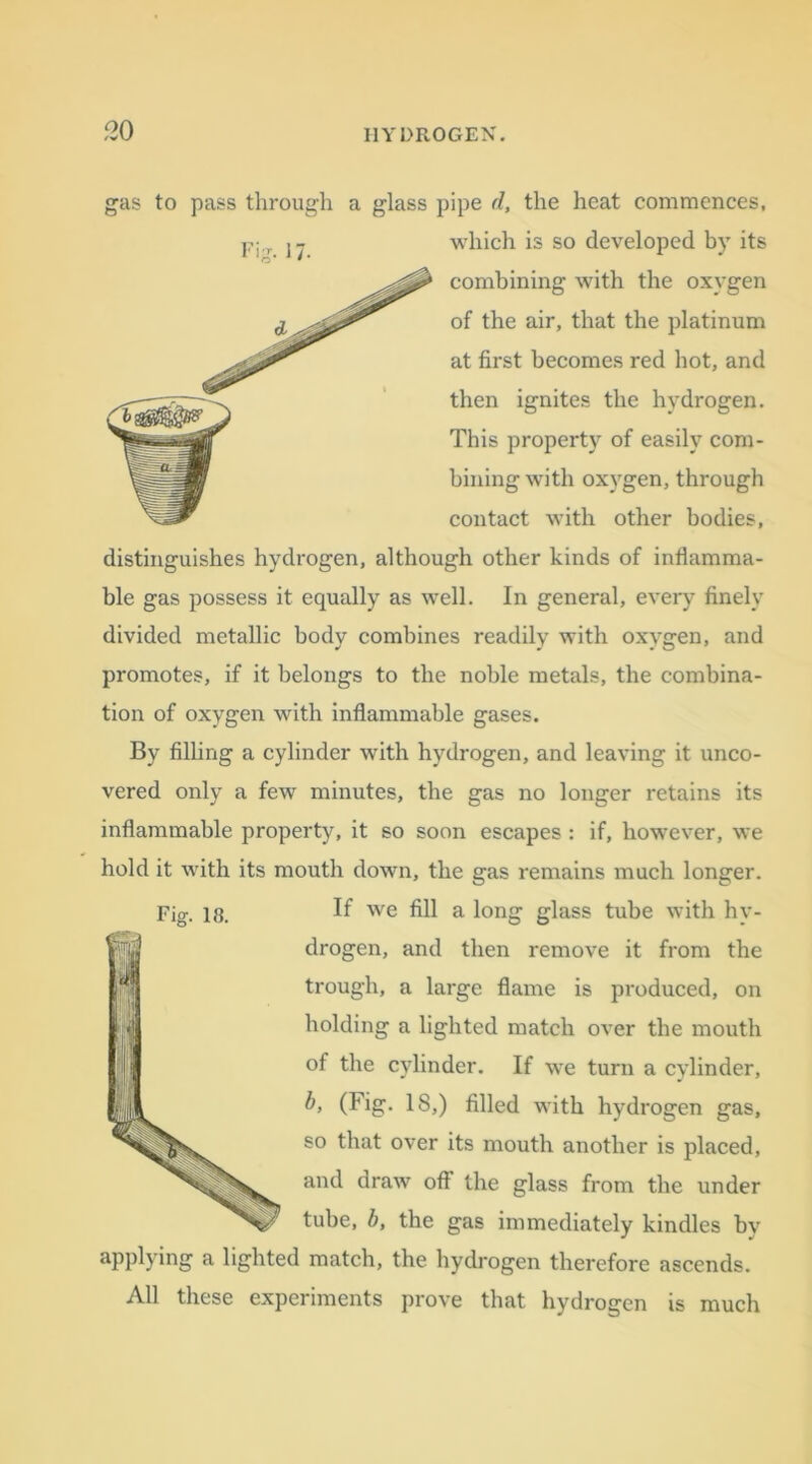 gas to pass through a glass pipe d, the heat commences, p;^ j7 which is so developed by its combining with the oxygen of the air, that the platinum at first becomes red hot, and then ignites the hydrogen. This property of easily com- bining with oxygen, through contact with other bodies, distinguishes hydrogen, although other kinds of inflamma- ble gas possess it equally as well. In general, every finely divided metallic body combines readily with oxygen, and promotes, if it belongs to the noble metals, the combina- tion of oxygen with inflammable gases. By filling a cylinder with hydrogen, and leaving it unco- vered only a few minutes, the gas no longer retains its inflammable property, it so soon escapes : if, however, we hold it with its mouth down, the gas remains much longer. Fig. is. If we fill a long glass tube with hy- drogen, and then remove it from the trough, a large flame is produced, on holding a lighted match over the mouth of the cylinder. If we turn a cylinder, b, (Fig. 18,) filled with hydrogen gas, so that over its mouth another is placed, and draw oft the glass from the under tube, b, the gas immediately kindles by applying a lighted match, the hydrogen therefore ascends. All these experiments prove that hydrogen is much