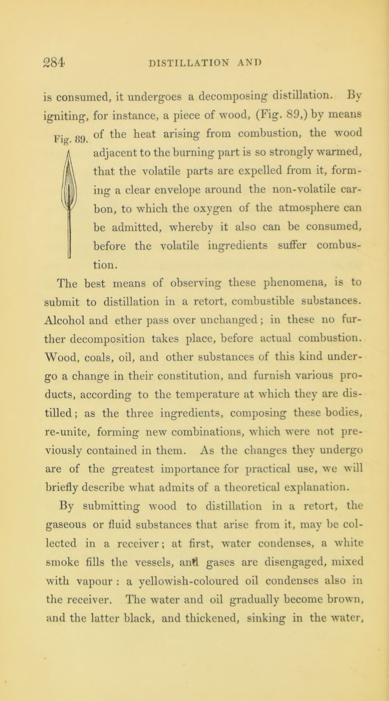 is consumed, it undergoes a decomposing distillation. By igniting, for instance, a piece of wood, (Fig. 89,) by means Fig j{9 °f the heat arising from combustion, the wood t adjacent to the burning part is so strongly warmed, that the volatile parts are expelled from it, form- ing a clear envelope around the non-volatile car- bon, to which the oxygen of the atmosphere can be admitted, whereby it also can be consumed, before the volatile ingredients suffer combus- tion. The best means of observing these phenomena, is to submit to distillation in a retort, combustible substances. Alcohol and ether pass over unchanged; in these no fur- ther decomposition takes place, before actual combustion. Wood, coals, oil, and other substances of this kind under- go a change in their constitution, and furnish various pro- ducts, according to the temperature at which they are dis- tilled ; as the three ingredients, composing these bodies, re-unite, forming new combinations, which were not pre- viously contained in them. As the changes they undergo are of the greatest importance for practical use, we will briefly describe what admits of a theoretical explanation. By submitting wood to distillation in a retort, the gaseous or fluid substances that arise from it, may be col- lected in a receiver; at first, water condenses, a white smoke fills the vessels, anti gases are disengaged, mixed with vapour : a yellowish-coloured oil condenses also in the receiver. The water and oil gradually become brown, and the latter black, and thickened, sinking in the water,