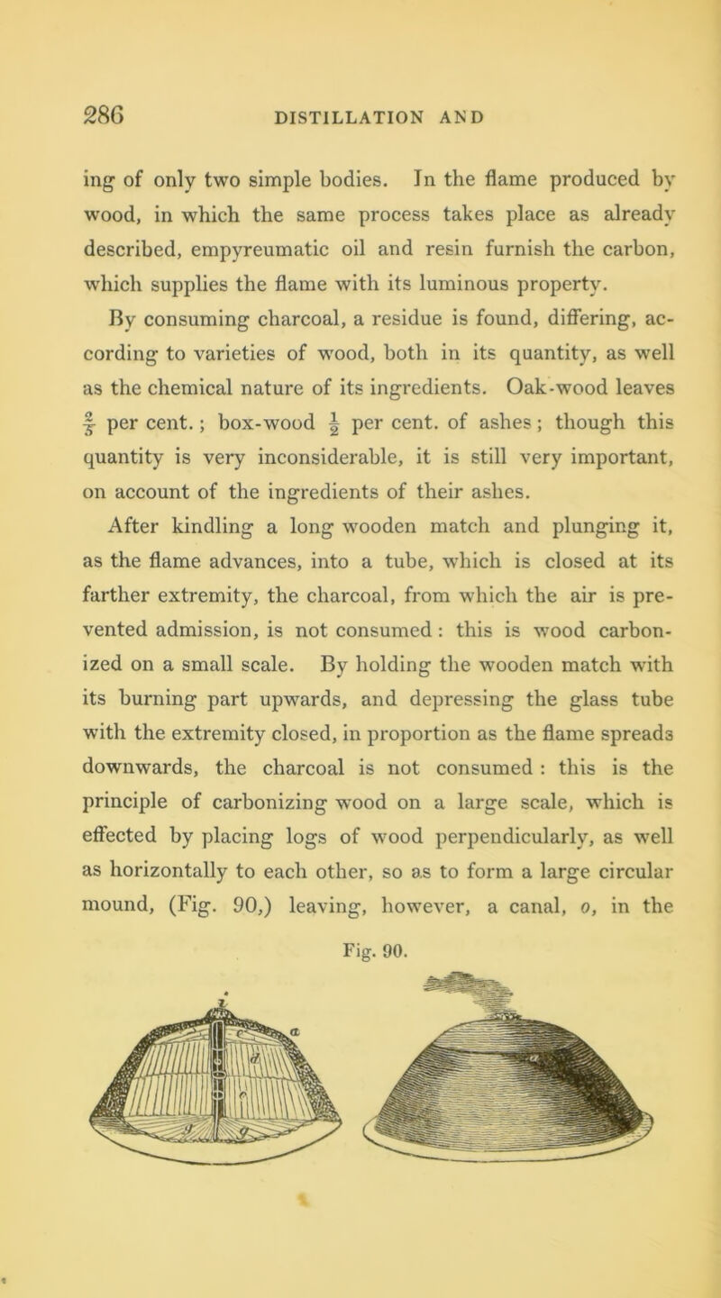 ing of only two simple bodies. In the flame produced by wood, in which the same process takes place as already described, empvreumatic oil and resin furnish the carbon, which supplies the flame with its luminous property. By consuming charcoal, a residue is found, differing, ac- cording to varieties of wood, both in its quantity, as well as the chemical nature of its ingredients. Oak-wood leaves f per cent.; box-wood | per cent, of ashes; though this quantity is very inconsiderable, it is still very important, on account of the ingredients of their ashes. After kindling a long wooden match and plunging it, as the flame advances, into a tube, which is closed at its farther extremity, the charcoal, from which the air is pre- vented admission, is not consumed: this is wood carbon- ized on a small scale. By holding the wooden match with its burning part upwards, and depressing the glass tube with the extremity closed, in proportion as the flame spreads downwards, the charcoal is not consumed : this is the principle of carbonizing wood on a large scale, which is effected by placing logs of wood perpendicularly, as well as horizontally to each other, so as to form a large circular mound, (Fig. 90,) leaving, however, a canal, o, in the Fig. 90.