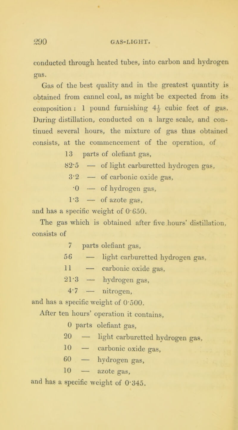 conducted through heated tubes, into carbon and hydrogen gas. Gas of the best quality and in tbe greatest quantity is obtained from cannel coal, as might be expected from its composition : 1 pound furnishing 4\ cubic feet of gas. During distillation, conducted on a large scale, and con- tinued several hours, the mixture of gas thus obtained consists, at the commencement of the operation, of 13 parts of olefiant gas, 82‘5 — of light carburetted hydrogen gas, 3‘2 — of carbonic oxide gas, •0 — of hydrogen gas, 1’3 — of azote gas, and has a specific weight of O'GoO. The gas which is obtained after five hours’ distillation, consists of 7 parts olefiant gas, 56 — light carburetted hydrogen gas, 11 — carbonic oxide gas, 2T3 — hydrogen gas, 4‘7 — nitrogen, and has a specific weight of 0500. After ten hours’ operation it contains, 0 parts olefiant gas, 20 — light carburetted hydrogen gas, 10 — carbonic oxide gas, 60 — hydrogen gas, 10 — azote gas, and has a specific weight of 0‘345.