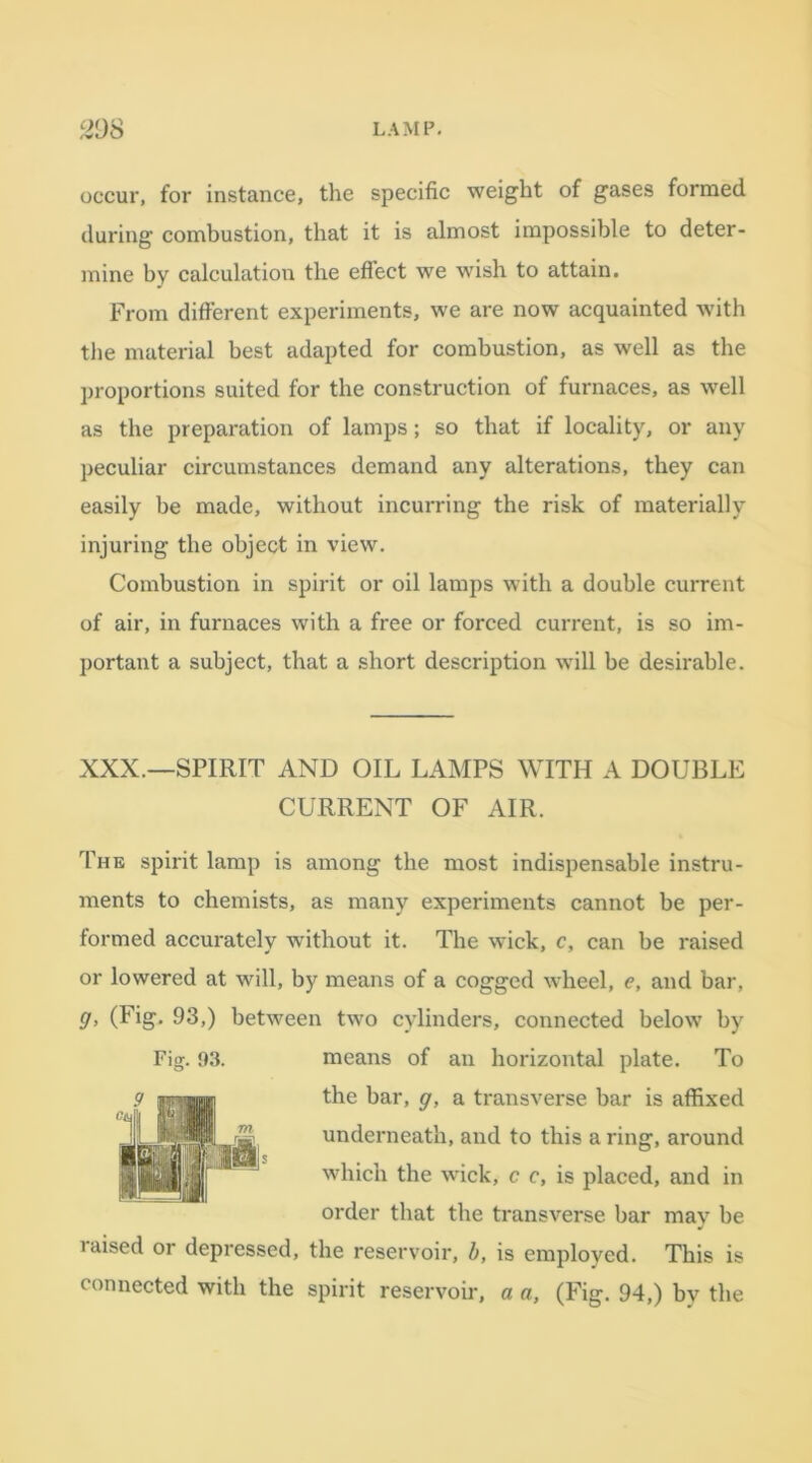 occur, for instance, the specific weight of gases formed during combustion, that it is almost impossible to deter- mine by calculation the eflect we wish to attain. From different experiments, we are now acquainted with the material best adapted for combustion, as well as the proportions suited for the construction of furnaces, as well as the preparation of lamps; so that if locality, or any peculiar circumstances demand any alterations, they can easily be made, without incurring the risk of materially injuring the object in view. Combustion in spirit or oil lamps with a double current of air, in furnaces with a free or forced current, is so im- portant a subject, that a short description will be desirable. XXX.—SPIRIT AND OIL LAMPS WITH A DOUBLE CURRENT OF AIR. The spirit lamp is among the most indispensable instru- ments to chemists, as many experiments cannot be per- formed accurately without it. The wick, c, can be raised or lowered at will, by means of a cogged wheel, e, and bar, g, (Fig. 93,) between two cylinders, connected below by means of an horizontal plate. To the bar, g, a transverse bar is affixed underneath, and to this a ring, around which the wick, c c, is placed, and in order that the transverse bar may be laised or depressed, the reservoir, b, is employed. This is connected with the spirit reservoir, a a, (Fig. 94,) by the Fig. 93.