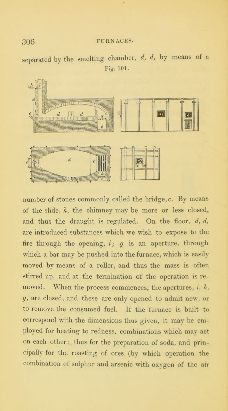 separated by the smelting chamber, d, d, by means of a Fig. 101. number of stones commonly called the bridge, c. By means of the slide, h, the chimney may be more or less closed, and thus the draught is regulated. On the floor, d, d, are introduced substances which we wish to expose to the fire through the opening, i; g is an aperture, through which a bar may be pushed into the furnace, which is easily moved by means of a roller, and thus the mass is often stirred up, and at the termination of the operation is re- moved. When the process commences, the apertures, i, h, g, are closed, and these are only opened to admit new, or to remove the consumed fuel. Tf the furnace is built to correspond with the dimensions thus given, it may be em- ployed for heating to redness, combinations which may act on each other; thus for the preparation of soda, and prin- cipally for the roasting of ores (by which operation the combination of sulphur and arsenic with oxvgen of the air
