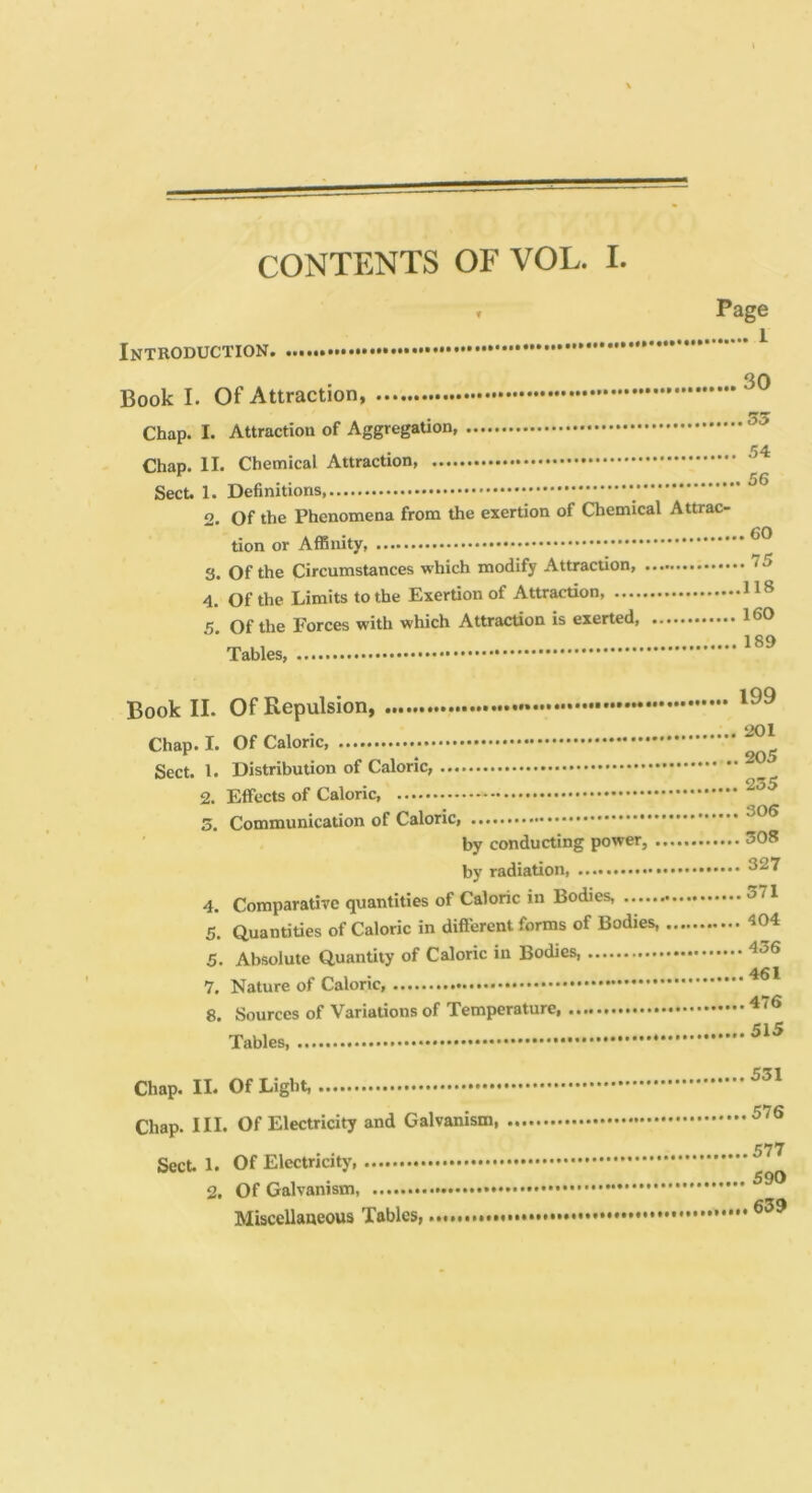 CONTENTS OF VOL. I. Introduction. Page 1 Book I. Of Attraction, Chap. I. Attraction of Aggregation Chap. II. Chemical Attraction, Sect. 1. Definitions, * 2. Of the Phenomena from the exertion of Chemical Attrac- tion or Affinity, 3. Of the Circumstances which modify Attraction, 4. Of the Limits to the Exertion of Attraction, 5. Of the Forces with which Attraction is exerted, Tables, 30 ,35 54 56 .60 .75 118 160 189 Book II. Of Repulsion Chap. I. Of Caloric, Sect. 1. Distribution of Caloric, 2. Effects of Caloric, 5. Communication of Caloric, ' by conducting power, . by radiation 4. Comparative quantities of Caloric in Bodies, 5. Quantities of Caloric in difterent forms of Bodies, 5. Absolute Quantity of Caloric in Bodies, 7. Nature of Caloric, 8. Sources of Variations of Temperature, Tables 199 201 205 235 306 . 308 . 327 .371 , 404 . 436 .461 .476 .515 Chap. II. Of Light, Chap. III. Of Electricity and Galvanism, Sect. 1. Of Electricity 2. Of Galvanism, Miscellaneous Tables, 531 576 577 590 639