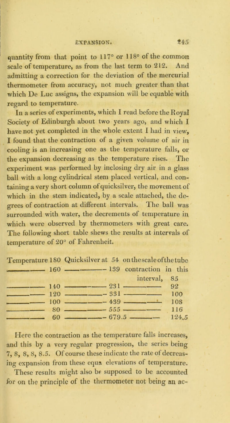 quantity from that point to 117° or 118° of the common scale of temperature, as from the last term to 212. And admitting a correction for the deviation of the mercurial thermometer from accuracy, not much greater than that which De Luc assigns, the expansion will be equable with regard to temperature. In a series of experiments, which I read before the Royal Society of Edinburgh about two years ago, and which I have not yet completed in the whole extent I had in view, I found that the contraction of a given volume of air in cooling is an increasing one as the temperature falls, or the expansion decreasing as the temperature lises. The experiment was performed by inclosing dry air in a glass ball with a long cylindrical stem placed vertical, and con- taining a very short column of quicksilver, the movement of which in the stem indicated, by a scale attached, the de- grees of contraction at different intervals. The ball was surrounded with water, the decrements of temperature in which were observed by thermometers with great care. The following short table shews the results at intervals of temperature of 20° of Fahrenheit. Temperature 180 Quicksilver at 54 on the scale ofthe tube I 160 139 contraction in this interval, 85 140 231 92 120 - 331 100 100 - 439 ^ 108 80 555 116 60 679.5 124.5 Here the contraction as the temperature falls increases, and this by a very regular progression, the series being 7, 8, 8, 8, 8.5. Of course these indicate the rate of decreas- ing expansion from these equa elevations of temperature. These results might also bf supposed to be accounted for on the principle of the thermometer not being an ac- I