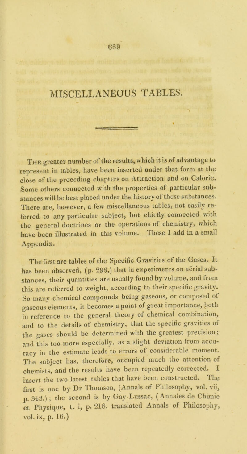 MISCELLANEOUS TABLES. The greater number of the results, which it is of advantage to represent in tables, have been inserted under that form at the close of the preceding chapters on Attraction and on Caloric. Some others connected with the properties of particular sub- stances will be best placed under the history of these substances. There are, however, a few miscellaneous tables, not easily re- ferred to any particular subject, but chiefly connected with the general doctrines or the operations of chemistry, which have been illustrated in this volume. These I add in a small Appendix. The first are tables of the Specific Gravities of the Gases. It has been observed, (p. 296,) that in experiments on aerial sub- stances, their quantities are usually found by volume, and from this are referred to weight, according to their specific gravity. So many chemical compounds being gaseous, or composed of gaseous elements, it becomes a point of great importance, {aoth in reference to the general theory of chemical combination, and to the details of chemistry, that the specific gravities of the gases should be determined with the greatest precision; and this too more especially, as a slight deviation from accu- racy in the estimate leads to errors of considerable moment. The subject has, therefore, occupied much the attention of chemists, and the results have been repeatedly corrected. I insert the tw'o latest tables that have been constructed. The first is one by Dr Thomson, (Annals of Philosophy, vol. vii, p. 34^3.); the second is by Gay-Lussac, (Annales de Chimie et Physique, t. i, p. 218. translated Annals of Philosophy, vol. ix, p. 16.)
