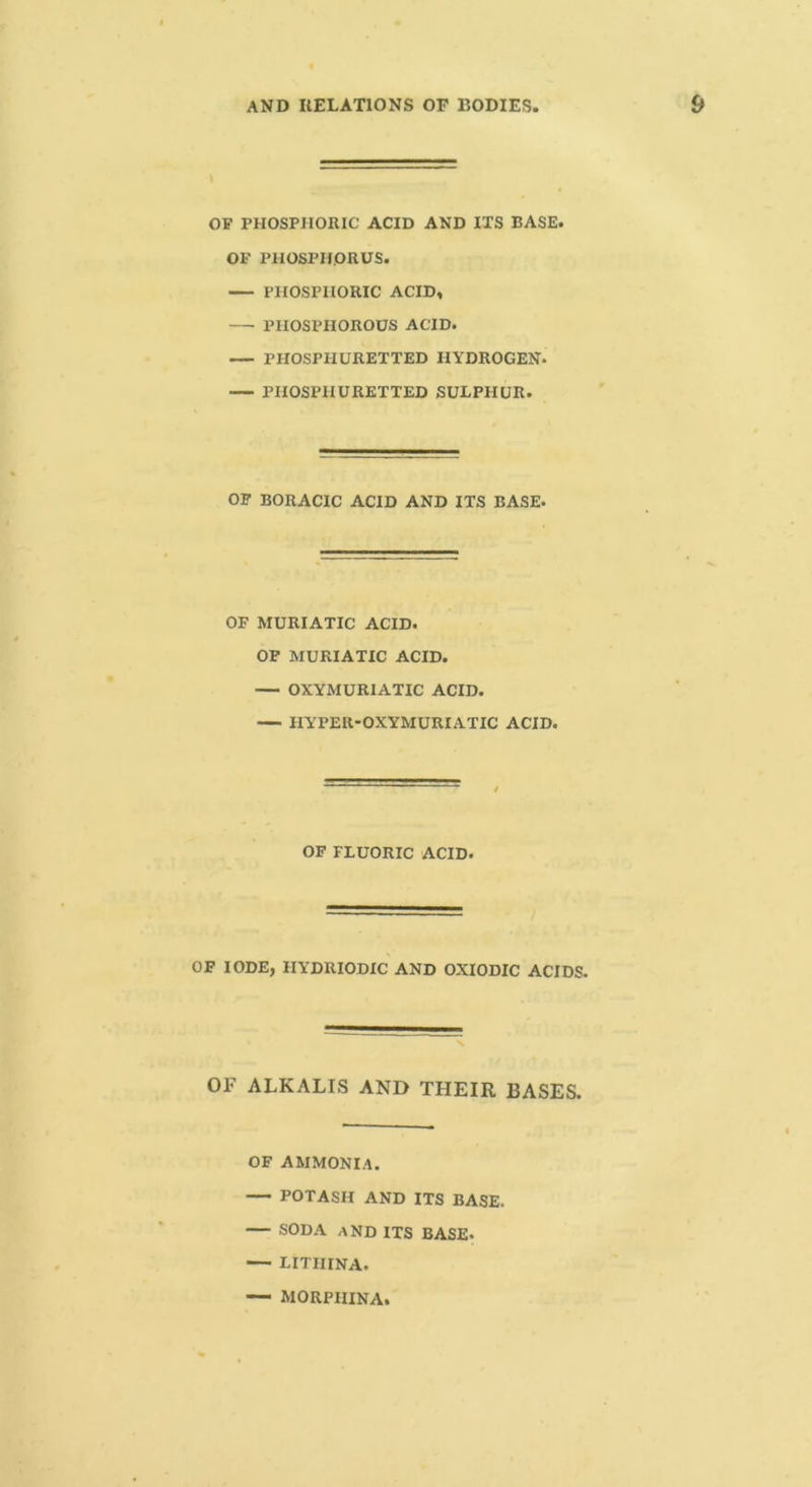 OP PHOSPHORIC ACID AND ITS BASE. OF phosphorus. PHOSPHORIC ACID, PHOSPHOROUS ACID. — PHOSPHURETTED HYDROGEN. — PHOSPHURETTED SULPHUR. OF BORACIC ACID AND ITS BASE. OF MURIATIC ACID. OF MURIATIC ACID. — OXYMURIATIC ACID. — HYPER-OXYMURIATIC ACID. OF FLUORIC ACID. OF lODE, HYDRIODIC AND OXIODIC ACIDS, OF ALKALIS AND THEIR BASES. OF AMMONIA. POTASH AND ITS BASE. — SODA and its base. — lithina. MORPIIINA.