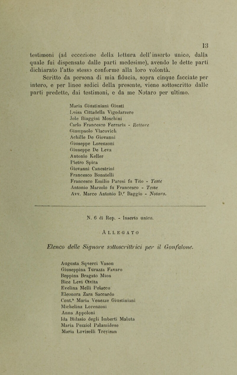 testimoni (ad ecce?:ione della lettura dell'inserto unico, dalla quale fui dispensato dalle parti medesime), avendo le dette parti dichiarato l’atto stesso conforme alla loro volontà. Scritto da persona di mia fiducia, sopra cinque facciate per intero, e per linee sedici della presente, viene sottoscritto dalle parti predette, dai testimoni, e da me Notare per ultimo. Maria Giustiniani Giusti i.uisa Cittadella Vigodar/.ere Jole Biaggini Meschini Carlo Francesco Ferraris - lìellore Giampaolo Vlacovich Achille De Giovanni Giuseppe Lorenzoni Giuseppe De Leva Antonio Keller Pietro Spica Giovanni Canestrini Francesco Bonatelli Francesco Emilio Paresi fu Tito - Teste Antonio Marzolo fu Francesco - Teste Avv. Marco Antonio D/ Baggio - Notare. N. 6 di Rep. - Inserto unico. Allegato Elenco delle Signore sottoscriltrici per il Gonfalone, Augusta Squerci Vason Giuseppina Turazza Favaro Beppina Dragato Mion Bice Levi Givita Evelina Melli Polacco Eleonora Zara Saccardo Cont.* Maria Venezze Giustiniani Michelina Lorenzoni Anna Appoloni Ida Bidasio degli Imberti Maluta Maria Pezziol Palamidese Maria Loviselli Trevisan