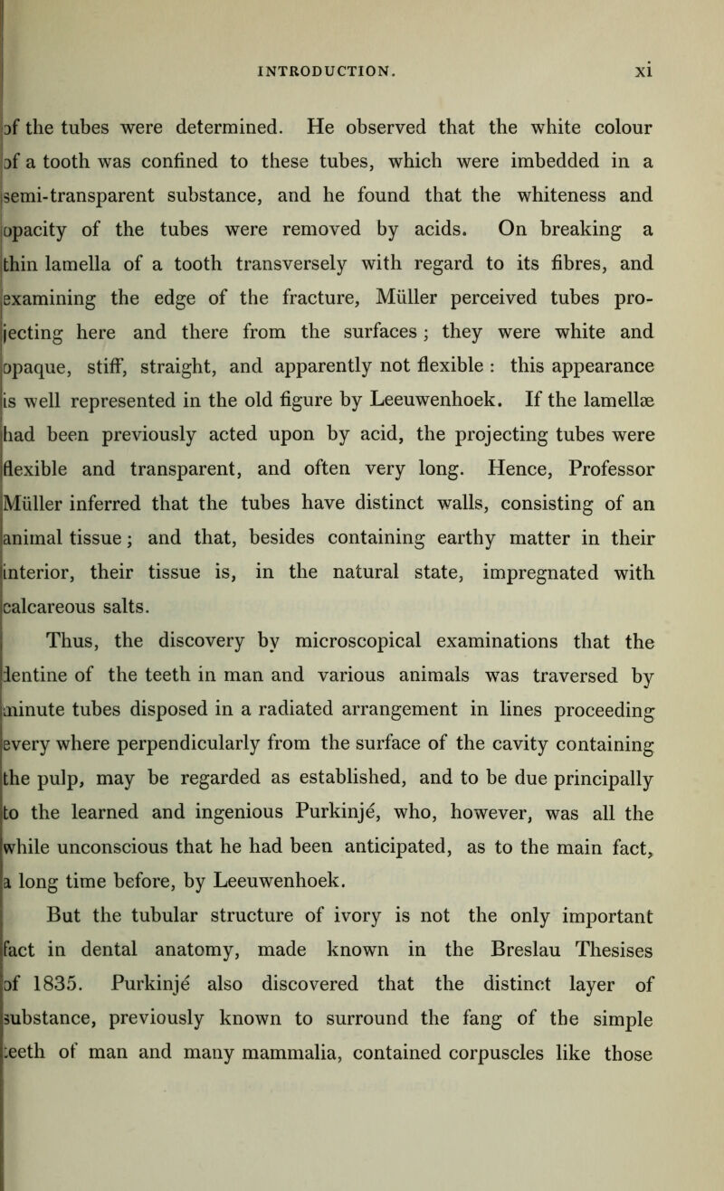 3f the tubes were determined. He observed that the white colour of a tooth was confined to these tubes, which were imbedded in a jsemi-transparent substance, and he found that the whiteness and opacity of the tubes were removed by acids. On breaking a thin lamella of a tooth transversely with regard to its fibres, and examining the edge of the fracture, Muller perceived tubes pro- ijecting here and there from the surfaces; they were white and opaque, stiff, straight, and apparently not flexible : this appearance is well represented in the old figure by Leeuwenhoek. If the lamellae had been previously acted upon by acid, the projecting tubes were flexible and transparent, and often very long. Hence, Professor Muller inferred that the tubes have distinct walls, consisting of an animal tissue; and that, besides containing earthy matter in their |interior, their tissue is, in the natural state, impregnated with I Icalcareous salts. I Thus, the discovery by microscopical examinations that the dentine of the teeth in man and various animals was traversed by Luinute tubes disposed in a radiated arrangement in lines proceeding every where perpendicularly from the surface of the cavity containing the pulp, may be regarded as established, and to be due principally }to the learned and ingenious Purkinje, who, however, was all the while unconscious that he had been anticipated, as to the main fact^ a long time before, by Leeuwenhoek. i ; But the tubular structure of ivory is not the only important [fact in dental anatomy, made known in the Breslau Thesises Df 1835. Purkinje also discovered that the distinct layer of substance, previously known to surround the fang of the simple :eeth of man and many mammalia, contained corpuscles like those