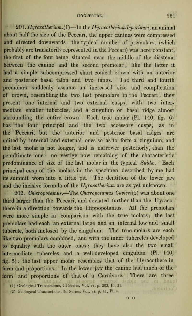 201. Hyracotherium. (1) —In the Hyracotherium leporinum, an animal about half the size of the Peccari, the upper canines were compressed and directed downwards : the typical number of premolars, (which * probably are transitorilv represented in the Peccari) was here constant, I the first of the four being situated near the middle of the diastema ! between the canine and the second premolar ; like the latter it had a simple subcompressed short conical crown with an anterior ! and posterior basal talon and two fangs. The third and fourth premolars suddenly assume an increased size and complication I of crown, resembling the two last premolars in the Peccari: they ' present one internal and two external cusps, with two inter- mediate smaller tubercles, and a cingulum or basal ridge almost i surrounding the entire crown. Each true molar (PI. 140, fig. 6) has the four principal and the two accessory cusps, as in the Peccari, but the anterior and posterior basal ridges are united by internal and external ones so as to form a cingulum, and ' the last molar is not longer, and is narrower posteriorly, than the I penultimate one: no vestige now remaining of the characteristic predominance of size of the last molar in the typical Suidce, Each I principal cusp of the molars in the specimen described by me had jits summit worn into a little pit. The dentition of the lower jaw |*and the incisive formula of the Hyracotherium are as yet unknown. 202. Cheeropotamus,—The Cheeropotamus Cuvieri{2) was about one third larger than the Peccari, and deviated further than the Hyraco- there in a direction towards the Hippopotamus. All the premolars were more simple in comparison with the true molars; the last premolars had each an external large and an internal low and small tubercle, both inclosed by the cingulum. The true molars are each like two premolars combined, and with the inner tubercles developed to equality with the outer ones ; they have also the two small intermediate tubercles and a well-developed cingulum (PL 140, fig. 5): the last upper molar resembles that of the Hyracothere in form and proportions. In the lower jaw the canine had much of the form and proportions of that of a Carnivore. There are three (1) Geological Transactions, 2d Series, Vol. vi, p. 203, PI. 21. (2) Geological Transactions, 2d Scries, Vol. vi. p. 41, PI. 4. O O