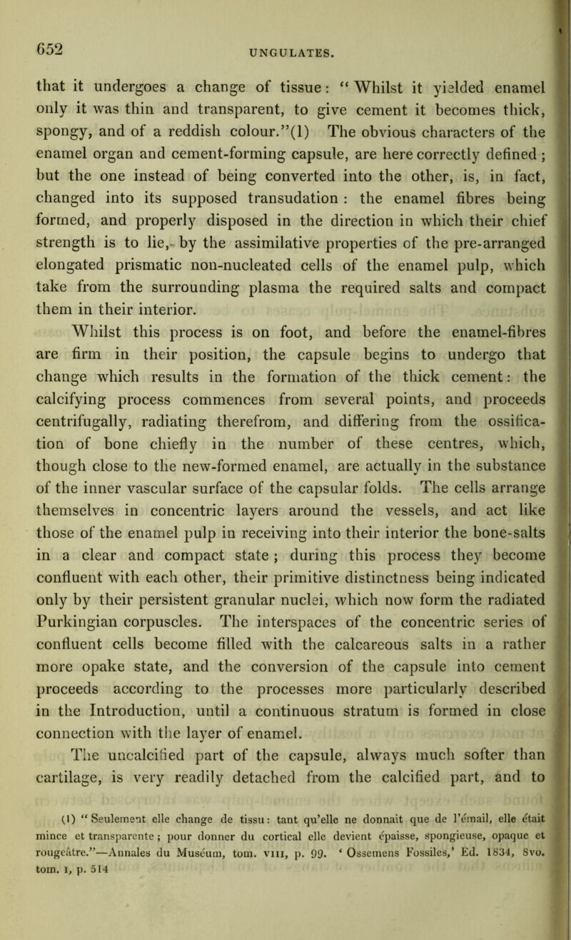 that it undergoes a change of tissue: ‘‘ Whilst it yielded enamel I only it was thin and transparent, to give cement it becomes thick, I spongy, and of a reddish colour.”(l) The obvious characters of the I enamel organ and cement-forming capsule, are here correctly defined ; I but the one instead of being converted into the other, is, in fact, I changed into its supposed transudation : the enamel fibres being 1 formed, and properly disposed in the direction in which their chief I strength is to lie,- by the assimilative properties of the pre-arranged I elongated prismatic non-nucleated cells of the enamel pulp, which I take from the surrounding plasma the required salts and compact ] them in their interior. i Whilst this process is on foot, and before the enamel-fibres I are firm in their position, the capsule begins to undergo that -5 change which results in the formation of the thick cement: the calcifying process commences from several points, and proceeds centrifugally, radiating therefrom, and differing from the ossifica- tion of bone chiefly in the number of these centres, which, though close to tile new-formed enamel, are actually in the substance 1 of the inner vascular surface of the capsular folds. The cells arrange I themselves in concentric layers around the vessels, and act like I those of the enamel pulp in receiving into their interior the bone-salts ft in a clear and compact state; during this process they become | confluent with each other, their primitive distinctness being indicated only by their persistent granular nuclei, which now form the radiated Purkingian corpuscles. The interspaces of the concentric series of confluent cells become filled with the calcareous salts in a rather more opake state, and the conversion of the capsule into cement proceeds according to the processes more particularly described in the Introduction, until a continuous stratum is formed in close j connection with the layer of enamel. ^ The uncalcified part of the capsule, always much softer than cartilage, is very readily detached from the calcified part, and to (1) “ Seulement elle change de tissii: tant qu’elle ne donnait que de I’email, elle etait mince et transparente ; pour donner dii cortical elle devient epaisse, spongieuse, opaque et rougeatre.”—Aunales du Museum, tom. viii, p. 99. * Ossemens Fossiles,’ Ed. 1834, 8vo. tom. I, p. 514