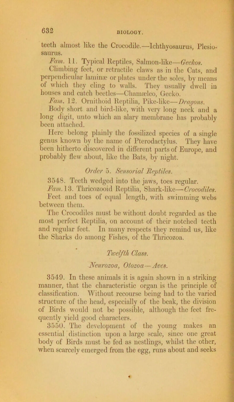 teeth almost like the Crocodile.—Ichthyosaurus, Plesio- saurus. Fam. 11. Typical Reptiles, Salmon-like—Geckos. Climbing feet, or retractile claws as in the Cats, and perpendicular laminae or plates under the soles, by means ol which they cling to walls. They usually dwell in houses and catch beetles—Chamaeleo, Gecko. Fam. 12. Ornithoid Reptilia, Pike-like—Dragons. Body short and bird-like, with very long neck and a long digit, unto which an alary membrane has probably been attached. Here belong plainly the fossilized species of a single genus known by the name of Pterodactylus. They have been hitherto discovered in different parts of Europe, and probably flew about, like the Bats, by night. Order 5. Sensorial Reptiles. 3548. Teeth wedged into the jaws, toes regular. Fam. 13. Thricozooid Reptilia, Shark-like—Crocodiles. Feet and toes of equal length, with swimming webs between them. The Crocodiles must be without doubt regarded as the most perfect Reptilia, on account of their notched teeth and regular feet. In many respects they remind us, like the Sharks do among Fishes, of the Thricozoa. Twelfth Class. Neurozoa, Otozoa — Arcs. 3549. In these animals it is again shown in a striking manner, that the characteristic organ is the principle of classification. Without recourse being had to the varied structure of the head, especially of the beak, the division of Birds would not be possible, although the feet fre- quently yield good characters. 3550. The development of the young makes an essential distinction upon a large scale, since one great body of Birds must be fed as nestlings, whilst the other, when scarcely emerged from the egg, runs about and seeks