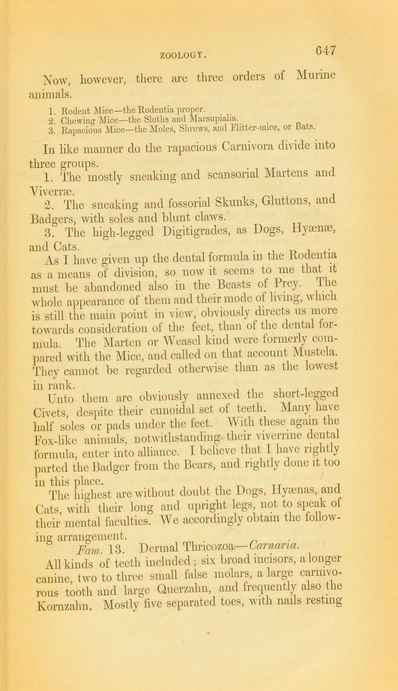 Now, however, there are three orders of Muiine animals. 1. Rodent Mice—the llodentia proper. 2. Chewing Mice—the Sloths and Marsupialia.. 3’ Rapacious Mice—the Moles, Shrews, and Flitter-mice, or Bats. In like manner do the rapacious Carnivora divide into three groups. . , 1. The mostly sneaking and scansonal Martens and Viverrse. , 2. The sneaking and fossorial Skunks, Gluttons, and Badgers, with soles and blunt claws. 3. The high-legged Digitigrades, as Dogs, IIyarn®, and Cats. , . As I have given up the dental formula in the Kodentia as a means of division, so nowit seems to me that it must be abandoned also in the Beasts ot Prey. I he whole appearance of them and their mode ot li\ ing, w Inch is still the main point in view, obviously directs us more towards consideration ot the feet, than ot the dental for- mula. The Marten or Weasel kind were formerly com- pared with the Mice, and called on that account Mustela. They cannot be regarded otherwise than as the lowest U1 Unto them are obviously annexed the short-legged Civets, despite their cunoidal set of teeth. Many have half soles or pads under the feet. With these again the Fox-like animals, notwithstanding, their vivernne dental formula, enter into alliance. I believe that I have rightly parted the Badger from the Bears, and rightly done it too in this place. , , , , TT n The highest are without doubt the Dogs, Hyaenas, and Cats, with their long and upright legs, not to speak of their mental faculties. We accordingly obtain the follow- ing arrangement. Fain 13 Dermal Thricozoa—Carnana. All kinds of teeth included; six broad incisors, a longer canine, two to three small false molars, a large carnivo- rous tooth and large Querzahn, and frequently a so tie Kornzahn. Mostly five separated toes, with nails resting