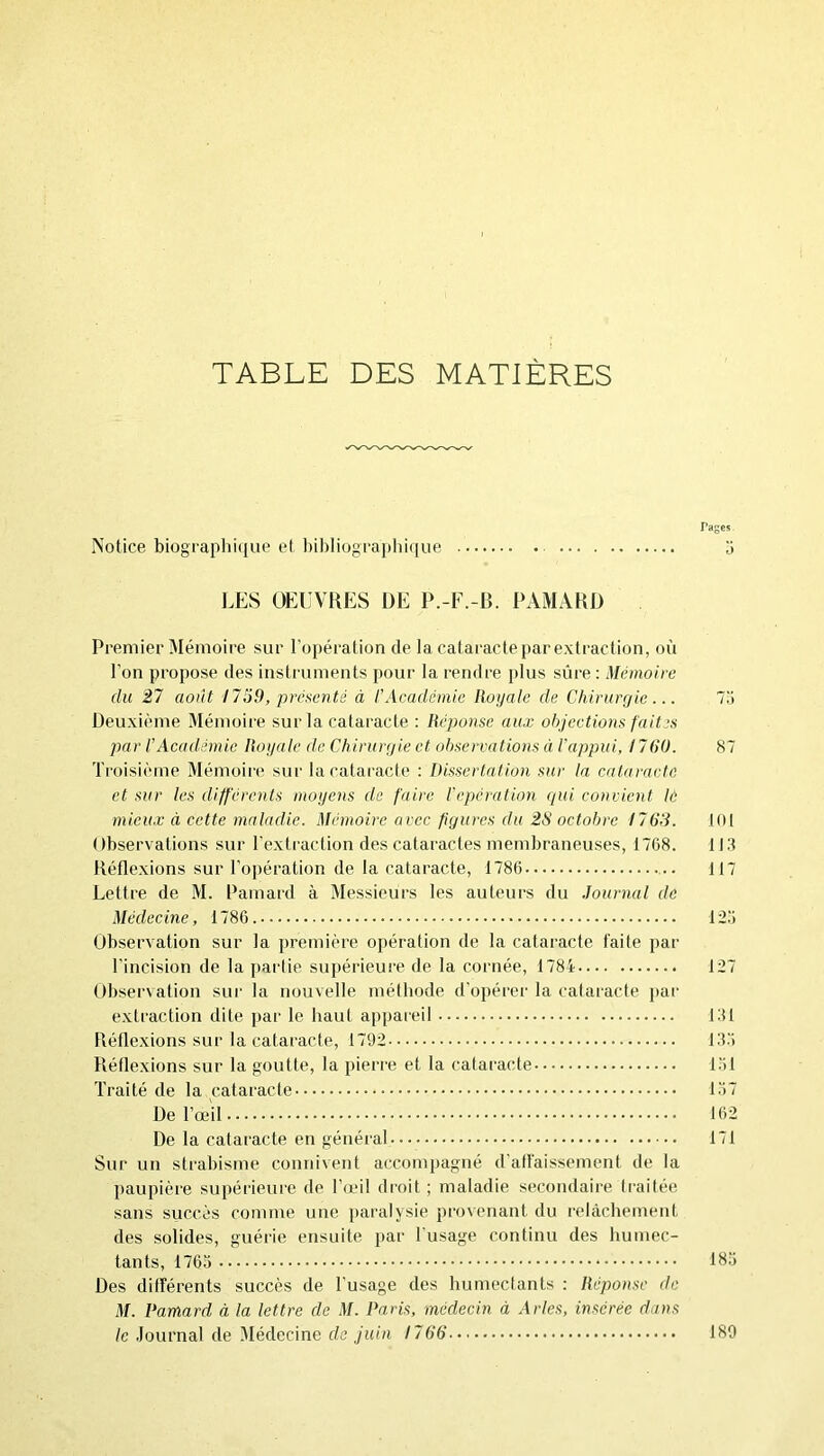 TABLE DES MATIÈRES Pages Notice biographi»[ue et l)ibIiogi’aj)liique o lÆS OEUVRES DE P.-F.-B. PAMÂRD Premier Mémoire sur l’opération de la cataracte par extraction, où l’on propose des instruments pour la rendre i>lus sûre : Mémoire du 27 août H'69, préHcnté à l’Académie Roijale de Chirurgie ... 16 Deuxième Mémoire sur la cataracte : Réponse aux objections faites par l’Académie Rogale de Chirurgie et observations à l’appui, 17(10. 87 Troisième Mémoiie sur lacatai'acte : Dissertation sur la cataracte et sur les différents rnogens de faire l'epéralion (pii conviait lé mieux à cette maladie. Mémoire avec figures du 28 octobre I76S. 101 Observations sur l’exti'action des cataractes membraneuses, 1768. 1 lit Réflexions sur l’opération de la cataracte, 1786 117 Lettre de M. Pamard à Messieurs les auteurs du Journal de Médecine, 1786. l:i.‘; Observation sur la première opération de la cataracte faite par l’incision de la partie supérieure de la cornée, 1784 127 übserxation sur la nouvelle métliode d’opérer la cataracte par extraction dite par le haut appareil Ltl Réflexions sur la cataracte, 1792 137 Réflexions sur la goutte, la pierre et la calai'acte 151 Traité de la cataracte 1.77 De l’œil 162 De la cataracte en général 171 Sur un strabisme connivent accompagné d’affaissement de la paupière supérieure de l’œil droit ; maladie secondaire li'aitée sans succès comme une paralysie provenant du relâchement des solides, guérie ensuite par l’usage continu des humec- tants, 1763 1H3 Des différents succès de l’usage des humectants : Réponse de M. Pamard à la lettre de M. Paris, médecin à Arles, insérée dans le .lournal de Médecine de juin 1766 180