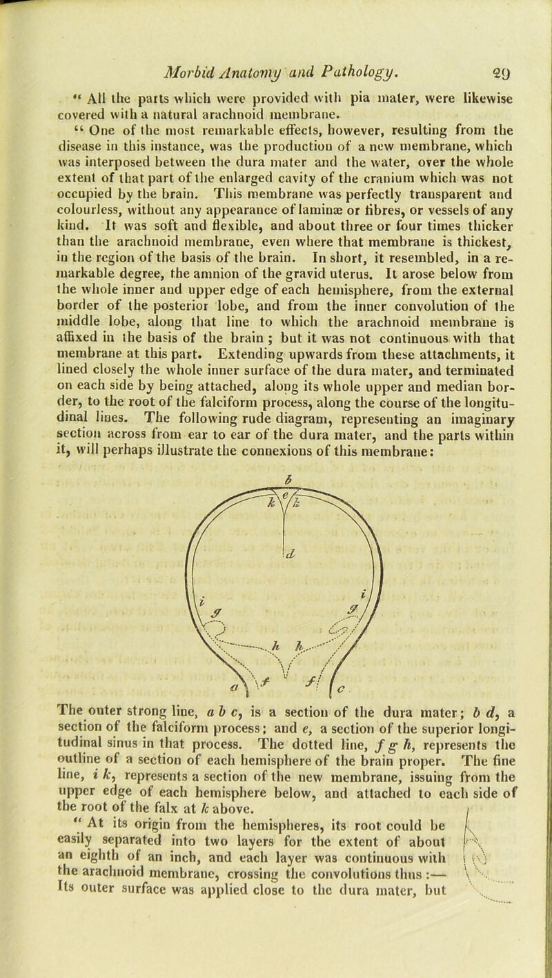 All tlie parts which were provided with pia luater, were likewise covered with a natural arachnoid membrane. “ One of the most remarkable effects, however, resulting from the disease in this instance, was the production of a new membrane, which was interposed between the dura mater and the water, over the whole extent of that part of the enlarged cavity of the cranium which was not occupied by the brain. This membrane was perfectly transparent and colourless, without any appearance of laminae or fibres, or vessels of any kind. It was soft and flexible, and about three or four times thicker than the arachnoid membrane, even where that membrane is thickest, in the region of the basis of the brain. In short, it resembled, in a re- markable degree, the amnion of the gravid uterus. It arose below from the whole inner and upper edge of each hemisphere, from the external border of the posterior lobe, and from the inner convolution of the middle lobe, along that line to which the arachnoid membrane is affixed in the basis of the brain ; but it was not continuous with that membrane at this part. Extending upwards from these attachments, it lined closely the whole inner surface of the dura mater, and terminated on each side by being attached, along its whole upper and median bor- der, to the root of the falciform process, along the course of the longitu- dinal lines. The following rude diagram, representing an imaginary section across from ear to ear of the dura mater, and the parts within it, will perhaps illustrate the connexions of this membrane: 5 The outer strong line, ah c, is a section of the dura mater; b d, a section of the falciform process; and e, a section of the superior longi- tudinal sinus in that process. The dotted line, f g h, represents the outline of a section of each hemisphere of the brain proper. The fine line, i k, represents a section of the new membrane, issuing from the upper edge of each hemisphere below, and attached to each side of the root of the falx at k above. / “ At its origin from the hemispheres, its root could be L easily separated into two layers for the extent of about j'\ an eighth of an inch, and each layer was continuous with i >, ■ i the arachnoid membrane, crossing the convolutions thus :— \ .... Its outer surface was applied close to the dura mater, but