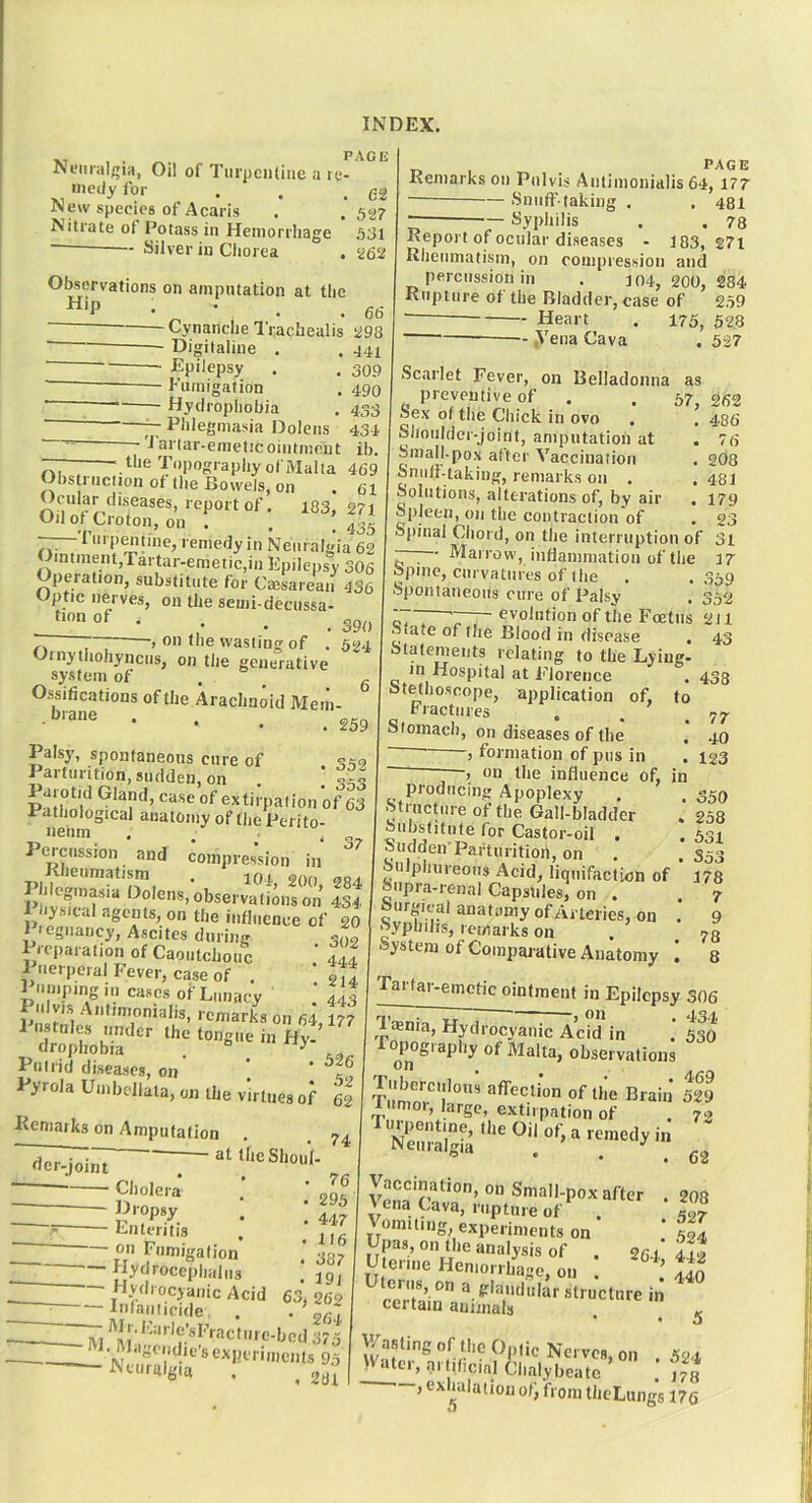 XT . . PACK Ni‘iiral;* *iit, Oil of Tiirpcndiie a re- medy lor . . .62 New species of Acaris . .* 527 Nitrate of Potass in Hemorrhage 561 Silver in Cliorea . 262 Observations on amputation at the • • . .66 2 Cynanche Trachealis 298 Digitaline . . ^41 Epilepsy . . 309 ■ Enmigation . 490 ■ Hydropliobia . 433 ^ Phlegmasia Dolens 434 - 'Partar-emeticointinent ib. ——-—^ the Topography of Malta 469 Obsti nciion of the Bowels, on . 61 Ocular diseases, report of. 183, 271 Oilof Croton, on . . ,435 I inp^pne, remedy in Neuralgia 62 3intinem,Tartar-emetic,in Epilepsy 306 peration, substitute for Caesarean 436 ptic nerves, on the semi-deenssa ’ .• . . 390 “7 » on the wasting of . 524 Ornytliohyncns, on the generative system of . ^ Ossifications of the Arachnoid Mem- • • . .259 Palsy, spontaneous cure of Parturition, sudden, on . [3.3 Giand, case of extirpation of 63 Pathological anatomy of the Perito- »enm . . . „ Percussion and compression in lilieumatism . 40,. gg. Phlegmasia Dolens, observations on 434 1 hysical agents, on the influence of 20 I legnancy. Ascites during 3„9 Preparation of Caoutchouc Zt 1 net peral P ever, case of . 01^ 1 limping in cases of Lunacy ' ‘ 443 Piilvis Aniimonialis, remarks on 64 177 ‘“S'' , Pnirid diseases, on ' ‘ PyrolaUinbellata, on the virtues of 62 PAGE Keniarks on Pnlvis Antinionialis 64, 177 iSnuflF-taking . . 481 Syphilis . . 78 Report of ocular diseases - 183, 271 Rheumatism, on compression and percussion in . jo4, 200, 284 Rupture of the Bladder, case of 259 “ Heart . 175, 528 ,Vena Cava , 527 Scarlet Fever, on Belladonna as preventive of . . 37 ^62 Sex of the Chick in ovo . . 486 Shoulder-joint, amputation at . 76 Small-pox after Vaccination . 2O8 ^null-taking, remarks on . . 481 Solutions, alterations of, by air . 179 Spleen, on the contraction of . 23 Spinal Chord, on the interruption of 3i Marrow, inflammation of the 17 Spine, curvatures of the . .359 Spontaneous cure of Palsy . 352 ^volution of the Foetus 2tl 43 438 77 40 123 350 258 531 S53 178 7 9 78 8 Remarks on Amputation , . 74, at theSlioul- fier-joint ■ Cholera Dropsy ■ Enteritis • on Fumigation • Hydrocephalus State of the Blood in disease , Statements relating to the Lying- in Hospital at Florence Stethoscope, application of, to Fractures , Stomach, on diseases of the , formation of pus in . ) on the influence of, in producing Apoplexy Structure of the Gall-bladder Substitute for Castor-oil . Sudden'Parturition, on ulphureons Acid, liqiiifaction of Snpra-renal Capsules, on . Surgical anatiiniy of Arteries, on Sypbilis, remarks on System of Comparative Anatomy ^far-emetic ointment in Epilepsy 306 l®nia, Hydrocyanic Acid in . 530 J^ogiaphy of Malta, observations ff^tfon of the Brain sS tumor, large, extirpation of . 70 I’ • • .62 Vaccination, on Small-pox after . 208 , Vena Cava, rupture of' . ‘HI \ oimting experiments on IZ Upas, on the analysis of . 264 442 U ernie Heniorrliage, on . c^air Structure in certain aunnals • • o j — - ''x/viyuanu , i 9 J ^*-''/*' ocyaiiic Acid 63, 26® — Infaiiiicide . . . ’ -M. Miigcndie’sexpcriiiiciils 95 Nerves, on . 524 — Neuralgia \ ^'^‘“er, ar ificinl Clialybeate . ,73 , exhalation of, from thcLungs 176