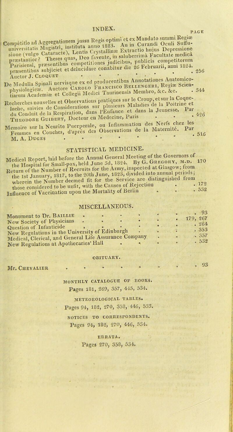 PAGE Co,nper,«. a,l SeS S Auctor J. Cloouet • • • ' ’ ^ Theoiiore Guibert, Docteiir ea Medecine, Fans e'« w.’ o.s=*r ,ns^:>S'vs M. A. Duges . • ' * * ‘ . * STATISTICAL MEDICINE. Medical Report, laid before the Annual General Meeting of the Governors of £ HoSl for Small-pox, held June 3d, 1824. By G. Gregory, m d 170 Eeturnof the Number of Recruits for the Army, inspected at Glasgow; fioni the 1st January, 1817, to the 20th June, 1823, divided into mmual penods, wherein the Number deemed fit for the Service are distinguished from those considered to be unfit, with the Causes of Rejection Influence of Vaccination upon the Mortality of Berlin 256 344 426 516 172 532 MISCELLANEOUS. Monument to Dr. Baielie . . . • New Society of Physicians . . • • Question of Infanticide , New Regulations in the University of Edinburgn Medical, Clerical, and General Life Assurance Company New Regulations at Apothecaries’ Hall . - 93 179, 267 . 264 . 353 . 357 . 532 obituary. Mr. Chevauer . 93 monthly catalogue of books. Pages 181, 269, 357, 445, 534. meteorological tables. Pages 94, 182, 270, 358, 446, 533. notices to correspondents. Pages 94, 182, 270, 446, 534. errata. Pages 270, 358, 534.