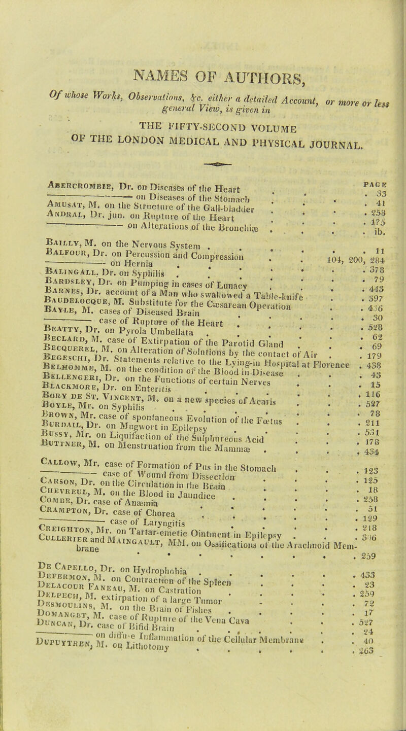 NAMES OF AUTHORS, Of whose Worls, Observations, either a detailed Account, or more or less general Vieto, is given in THE FIFTY-SECOND VOLUME OF THE LONDON MEDICAL AND PHYSICAL JOURNAL. Abercrombie, Dr. on Diseases of the Heart ~ ;; o Diseases of the Stomach Amusat, M. on the Sti nclui e of the Galt-bladcler Andual, Dr. jnn. on Riiptiiie of the Heart on Alterations of the Eronchiie Daiely, M. on the Nervous System Ualfour, Dr. on Percussion and Compression  ~ on Hernia . . Balingael, Dr. on Syphilis  l^n'nping in cases of Lunacy Barnes, Dr. account of a Man who swallowed a Table-knife Bacoeeocqce, M. Substitute for the Cmsarean Op^Zon .* iiAYEE, M. cases of Diseased Brain r case of Rupture of the Heart ‘ ‘ Beatty, Dr. on Pyrola Umbellata . . |  eceard, M. case of Extirpation of the Parotid Gland '*'e contact of Air ! Bkown, Mr. case of spontaneous Evolution of the Fmtus ‘ Buroaie, Dr. on Mugwort in Epilepsy ’ SnfL.quifaction of the Snli.hureous Acid' But iNER, M. on Menstruation from the Mamni£e . case of Formation of Pus in the Stomach . nf.'^ound from Dissection Carson, Dr. on the Cirrulation in the Brain VREUE, M. on the Blood in Jaundice Co.nuE, Dr. case of Anemia • . . . Cram ETON, Dr. case of Chorea case of Laryngitis wi ij»:iyngins T»'ar.c„,e,ic i„ Epil'cp.y : K “-T, mm. oil Os»iBc»tioiis ol llto Ai PAGE . 33 ’ . 41 • . 258 . . 1?5 • . ib. . . n 104, 200, 284 . . 378 . . 79 • .443 . . 397 . . 4J6 . . 30 . . 528 . 62 . . 69 . 179 . 438 . 43 . 15 . 1J6 , 527 78 1 211 531 178 434 123 125 18 258 51 129 218 3 )6 achnoid Mcm- Defekmon. M. on Contraction of the Spleen Delacouu Faneau, M. on Ca.stration J>r^.Mou.:;N.s; M.‘'r!be ’ ’ * • » * 259 . 433 . 23 . 259 . 72 . 17 . 527 . 24 . 40 . 263