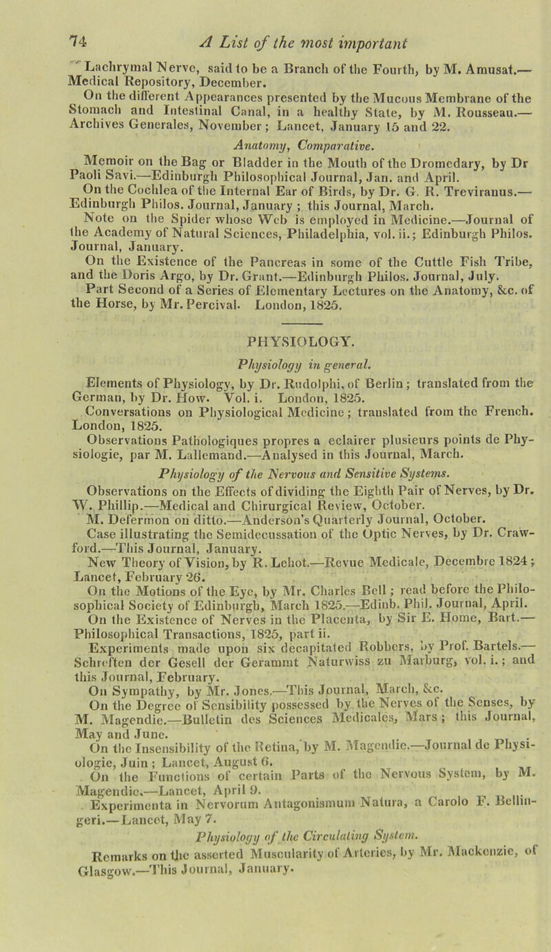 Lachrymal Nerve, said to be a Branch of the Fourth, by M. Amusat.— Medical Repository, December. On the different Appearances presented by the Mucous Membrane of the Stomach and Intestinal Canal, in a healthy State, by M. Rousseau.— Archives Generales, November ; Lancet, January 15 and 22. Anatomy, Comparative. Memoir on the Bag or Bladder in the Mouth of the Dromedary, by Dr Paoli Savi.—Edinburgh Philosophical Journal, Jan. and April. On the Cochlea of the Internal Ear of Birds, by Dr. G. R. Trevirauus.— Edinburgh Philos. Journal, January ; this Journal, March. Note on the Spider whose Web is employed in Medicine.—Journal of the Academy of Natural Sciences, Philadelphia, vol. ii.; Edinburgh Philos. Journal, January. On the Existence of the Pancreas in some of the Cuttle Fish Tribe, and the Doris Argo, by Dr. Grant.—Edinburgh Philos. Journal, July. Part Second of a Series of Elementary Lectures on the Anatomy, &c. of the Horse, by Mr. Percival. London, 1825. PHYSIOLOGY. Physiology in general. Elements of Physiology, by Dr. Rudolphi.of Berlin; translated from the German, by Dr. How. Vol. i. London, 1825. Conversations on Physiological Medicine; translated from the French. London, 1825. Observations Patiiologiques propres a eclairer plusieurs points de Phy- siologic, par M. Lallemand.—Analysed in this Journal, March. Physiology of the Nervous and Sensitive Systems. Observations on the Effects of dividing the Eighth Pair of Nerves, by Dr. W. Phillip.—Medical and Chirurgical Review, October. M. Defermon on ditto.—Anderson’s Quarterly Journal, October. Case illustrating the Semidecussation of the Optic Nerves, by Dr. Craw- ford.—This Journal, January. New Theory of Vision, by R.Lehot.—Revue Medicate, Decembrc 1824; Lancet, February 26. On the Motions of the Eye, by Mr. Charles Bell ; read before the Philo- sophical Society of Edinburgh, March 1825.—Edinb. Phil. Journal, April. On the Existence of Nerves in the Placenta, by Sir E. Home, Bart.— Philosophical Transactions, 1825, part ii. Experiments made upon six decapitated Robbers, by Prof. Bartels.— Schreften der Gesell der Gerammt Naturwiss zu Marburg, vol. i.; and this Journal, February. On Sympathy, by Mr. Jones.—This Journal, March, &c. On the Degree of Sensibility possessed by the Nerves of the Senses, by M. Magendio.—Bulletin des Sciences Medicalcs, Mars ; this Journal, May and June. On the Insensibility of the Retina,'by M. Magendie.—Journal de Physi- ologic, Juin ; Lancet, August 6. On the Functions of certain Parts of the Nervous System, by M. Magendie,—Lancet, April i). Experimenta in Nervorum Antagonismum Natura, a Carolo F. Belini- geri.—Lancet, May 7. Physiology of the Circulating System. Remarks on the asserted Muscularity of Arteries, by Mr. Mackenzie, of Glasgow.—This Journal, January.