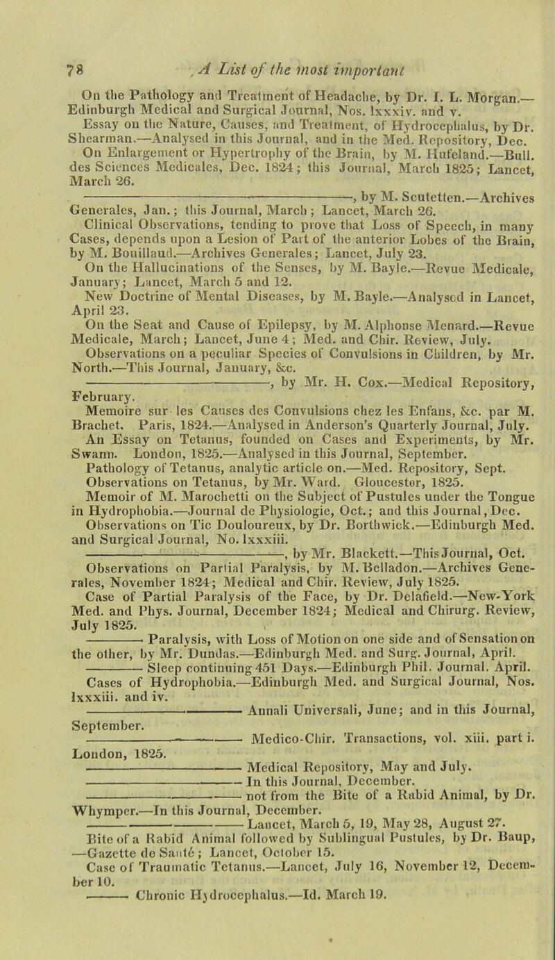 On the Pathology and Treatment of Headache, by Dr. I. L. Morgan.— Edinburgh Medical and Surgical Journal, Nos. lxxxiv. and v. Essay on the Nature, Causes, and Treatment, of Hydrocephalus, by Dr. Shearman.—Analysed in this Journal, and in the Med. Repository, Dec. On Enlargement or Hypertrophy of the Brain, by M. Hufeland.—Bull, des Sciences Medicales, Dec. 1824; this Journal, March 1825; Lancet, March 26. ■, by M. Scutetten.'—Archives Generales, Jan.; this Journal, March ; Lancet, March 26. Clinical Observations, tending to prove that Loss of Speech, in many Cases, depends upon a Lesion of Part of the anterior Lobes of the Brain, by M. Bouillaud.—Archives Generales; Lancet, July 23. On the Hallucinations of the Senses, by M. Bayle.'—Revue Medicale, January; Lancet, March 5 and 12. New Doctrine of Mental Diseases, by M. Bayle.—Analysed in Lancet, April 23. On the Seat and Cause of Epilepsy, by M. Alphonse Menard.—Revue Medicale, March; Lancet, June 4; Med. and Chir. Review, July. Observations on a peculiar Species of Convulsions in Children, by Mr. North.'—This Journal, January, &c. , by Mr. H. Cox.—Medical Repository, February. Memoire sur Ies Causes des Convulsions chez les Enfans, &c. par M. Brachet. Paris, 1824.—Analysed in Anderson’s Quarterly Journal, July. An Essay on Tetanus, founded on Cases and Experiments, by Mr. Swann. London, 1825.—Analysed in this Journal, September. Pathology of Tetanus, analytic article on.—Med. Repository, Sept. Observations on Tetanus, by Mr. Ward. Gloucester, 1825. Memoir of M. Marochetti on the Subject of Pustules under the Tongue in Hydrophobia.—Journal de Physiologie, Oct.; and this Journal, Dec. Observations on Tic Douloureux, by Dr. Borthwick.—Edinburgh Med. and Surgical Journal, No. Ixxxiii. , by Mr. Blackett.—This Journal, Oct. Observations on Partial Paralysis, by M. Belladon.—Archives Gene- rales, November 1824; Medical and Chir. Review, July 1825. Case of Partial Paralysis of the Face, by Dr. Delafield.—New-York Med. and Phys. Journal, December 1824; Medical and Chirurg. Review, July 1825. i Paralysis, with Loss of Motion on one side and of Sensation on the other, by Mr. Dundas.—Edinburgh Med. and Surg. Journal, April. Sleep continuing 451 Days.—Edinburgh Phil. Journal. April. Cases of Hydrophobia.—Edinburgh Med. and Surgical Journal, Nos. Ixxxiii. and iv. Annali Universali, June; and in this Journal, September. Medico-Chir. Transactions, vol. xiii. part i. London, 1825. Medical Repository, May and July. In this Journal, December. not from the Bite of a Rabid Animal, by Dr. Whymper.—In this Journal, December. Lancet, March 5, 19, May 28, August 27. Bite of a Rabid Animal followed by Sublingual Pustules, by Dr. Baup, —Gazette de Saut6 ; Lancet, October 15. Case of Traumatic Tetanus.—Lancet, July 16, November 12, Decem- ber 10. Chronic Hydrocephalus.—Id. March 19.