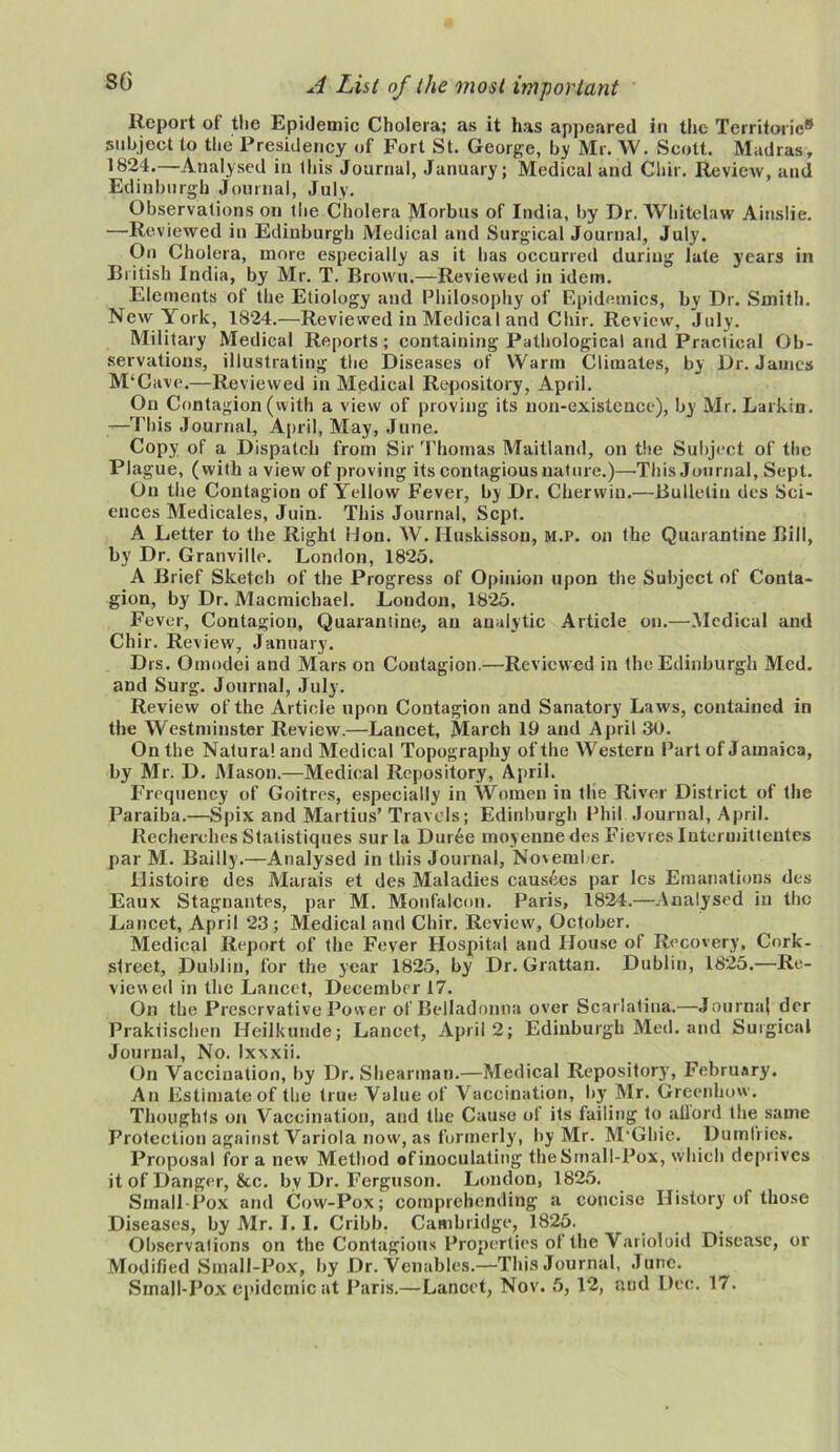 Report ot the Epidemic Cholera; as it has appeared in the Territories subject to the Presidency of Fort St. George, by Mr. W. Scott. Madras, 1824.—Analysed in this Journal, January; Medical and Cliir. Review, and Edinburgh Journal, July. Observations on the Cholera Morbus of India, by Dr. Whitelaw Ainslie. ■—Reviewed in Edinburgh Medical and Surgical Journal, July. On Cholera, more especially as it has occurred during late years in British India, by Mr. T. Brown.—Reviewed in idem. Elements of the Etiology and Philosophy of Epidemics, by Dr. Smith. New York, 1824.—Reviewed in Medical and Chir. Review, July. Military Medical Reports; containing Pathological and Practical Ob- servations, illustrating the Diseases of Warm Climates, by Dr. James M'Cave.—Reviewed in Medical Repository, April. On Contagion (with a view of proving its non-existence), by Mr. Larkin. —This Journal, April, May, June. Copy of a Dispatch from Sir Thomas Maitland, on the Subject of the Plague, (with a view of proving its contagious nature.)—-This Journal, Sept. On the Contagion of Yellow Fever, by Dr. Cherwin.—Bulletin des Sci- ences Medicales, Juin. This Journal, Sept. A Letter to the Right Hon. W. Huskisson, m.p. on the Quarantine Bill, by Dr. Granville. London, 1825. A Brief Sketch of the Progress of Opinion upon the Subject of Conta- gion, by Dr. Macmichael. London, 1825. Fever, Contagion, Quaransine, an analytic Article on.—Medical and Chir. Review, January. Drs. Omodei and Mars on Contagion.—Reviewed in the Edinburgh Med. and Surg. Journal, July. Review of the Article upon Contagion and Sanatory Laws, contained in the Westminster Review.—Lancet, March 19 and April 30. On the Natural and Medical Topography of the Western Part of Jamaica, by Mr. D. Mason.—Medical Repository, April. Frequency of Goitres, especially in Women in the River District of the Paraiba.—Spix and Martius’ Travels; Edinburgh Phil Journal, April. Recherohes Statistiques sur la Duree moyenne des Fievres Iuteruiittcntes par M. Bailly.—Analysed in this Journal, November. llistoire des Marais et des Maladies causees par les Emanations des Eaux Stagnantes, par M. Monfalcon. Paris, 1824.—Analysed in the Lancet, April 23; Medical and Chir. Review, October. Medical Report of the Fever Hospital and House of Recovery, Cork- street, Dublin, for the year 1825, by Dr. Grattan. Dublin, 1825.—Re- viewed in the Lancet, December 17. On the Preservative Power of Belladonna over Scarlatina.—Journal der Praktischen Heilkunde; Lancet, April 2; Edinburgh Med. and Surgical Journal, No. Ixxxii. On Vaccination, by Dr. Shearman.—Medical Repository, February. An Estimate of the true Value of Vaccination, by Mr. Greenhow. Thoughts on Vaccination, and the Cause ol its failing to ailord the same Protection against Variola now', as formerly, by Mr. M'Ghie. Dumfries. Proposal for a new Method of inoculating the Small-Pox, which deprives it of Danger, &c. bv Dr. Ferguson. London, 1825. Small Pox and Cow-Pox; comprehending a concise History of those Diseases, by Mr. I. I. Cribb. Cambridge, 1825. Observations on the Contagious Properties of the Varioloid Disease, or Modified Small-Pox, by Dr. Venables.—This Journal, June. Small-Pox epidemic at Paris.—Lancet, Nov. 5, 12, and Dec. 17.