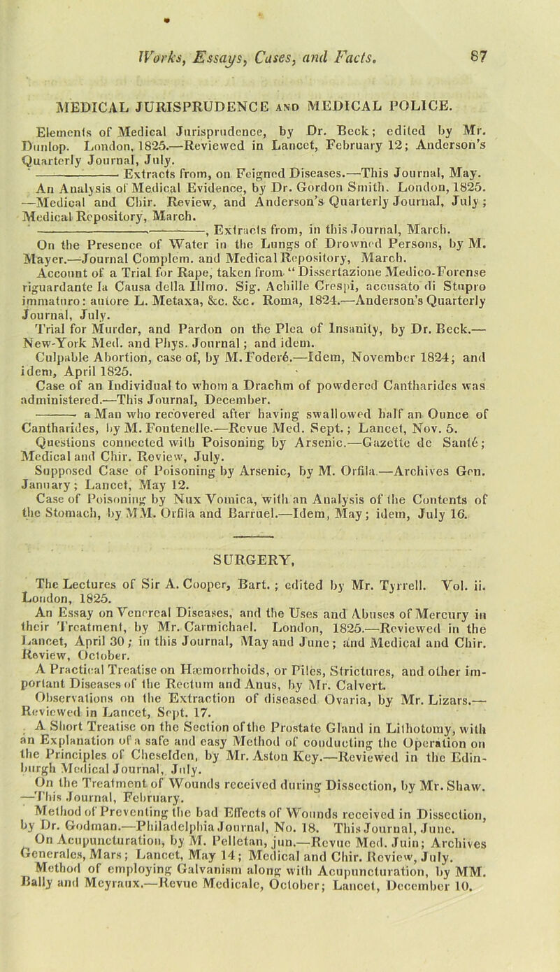 MEDICAL JURISPRUDENCE and MEDICAL POLICE. Elements of Medical Jurisprudence, by Dr. Beck; edited by Mr. Dunlop. London, 1825.—Reviewed in Lancet, February 12; Anderson’s Quarterly Journal, July. ' Extracts from, on Feigned Diseases.—This Journal, May. An Analysis of Medical Evidence, by Dr. Gordon Smith. London, 1825. —Medical and Chir. Review, and Anderson’s Quarterly Journal, July; Medical Repository, March. , Extracts from, in this Journal, March. On the Presence of Water in the Lungs of Drowned Persons, by M. Mayer.—-Journal Complem. and Medical Repository, March. Account of a Trial for Rape, taken from “ Dissertazione Medico-Foronse riguardante la Causa della Illmo. Sig. Achille Crespi, accusato di Stupro immature: autore L. Metaxa, &c. See. Roma, 1824.—Anderson’s Quarterly Journal, July. Trial for Murder, and Pardon on the Plea of Insanity, by Dr. Beck.— New-York Med. and Phys. Journal; and idem. Culpable Abortion, case of, by M.Foder6.—Idem, November 1824; and idem, April 1825. Case of an Individual to whom a Drachm of powdered Cantharides was administered.—This Journal, December. a Man who recovered after having swallowed half an Ounce of Cantharides, byM.Fontenelle.—Revue Med. Sept.; Lancet, Nov. 5. Questions connected with Poisoning by Arsenic.—Gazette de Santd; Medical and Chir. Review, July. Supposed Case of Poisoning by Arsenic, by M. Orfila.—Archives Gen. January; Lancet, May 12. Case of Poisoning by Nux Yomica, with an Analysis of the Contents of the Stomach, by Mil. Orfila and Barruel.—Idem, May; idem, July 16. SURGERY. The Lectures of Sir A. Cooper, Bart. ; edited by Mr. Tyrrell. Yol. ii. London, 1825. An Essay on Yenereal Diseases, and the Uses and Abuses of Mercury in their 'Treatment, by Mr. Carmichael. London, 1825.—Reviewed in the Lancet, April 30; in this Journal, May and June; and Medical and Chir. Review, October. A Practical Treatise on Haemorrhoids, or Piles, Strictures, and other im- portant Diseases of the Rectum and Anus, by Mr. Calvert. Observations on the Extraction of diseased Ovaria, by Mr. Lizars.— Reviewed in Lancet, Sept. 17. A Short Treatise on the Section of the Prostate Gland in Lithotomy, with an Explanation or a safe and easy Method of conducting the Operation on the Principles of Cheseldcn, by Mr. Aston Key.—Reviewed in the Edin- burgh Medical Journal, July. On the Treatment of Wounds received during Dissection, by Mr. Shaw. —This Journal, February. Method of Preventing the bad Effects of Wounds received in Dissection, by Dr. Godman.—Philadelphia Journal, No. 18. This Journal, June. On Acupuncturation, by M. Pelletan, jun.—Revue Med. Juin; Archives Generales, Mars; Lancet, May 14; Medical and Chir. Review, July. Method of employing Galvanism along with Acupuncturation, by MM. Bally and Mcyraux.—Revue Mcdicale, October; Lancet, December 10.
