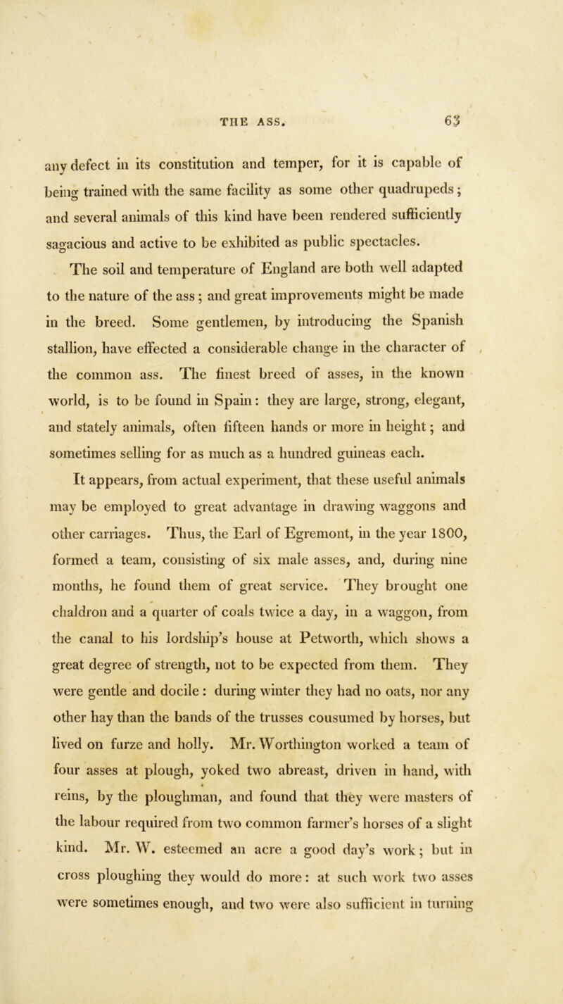 any defect in its constitution and temper, for it is capable of being trained with the same facility as some other quadrupeds ; and several animals of this kind have been rendered sufficiently sagacious and active to be exhibited as public spectacles. The soil and temperature of England are both well adapted to the nature of the ass ; and great improvements might be made in the breed. Some gentlemen, by introducing the Spanish stallion, have effected a considerable change in the character of the common ass. The finest breed of asses, in the known world, is to be found in Spain: they are large, strong, elegant, and stately animals, often fifteen hands or more in height; and sometimes selling for as much as a hundred guineas each. It appears, from actual experiment, that these useful animals may be employed to great advantage in drawing waggons and other carriages. Thus, the Earl of Egremont, in the year 1800, formed a team, consisting of six male asses, and, during nine months, he found them of great service. They brought one chaldron and a quarter of coals twice a day, in a waggon, from the canal to his lordship’s house at Petworth, which shows a great degree of strength, not to be expected from them. They were gentle and docile : during winter they had no oats, nor any other hay than the bands of the trusses cousumed by horses, but lived on furze and holly. Mr. Worthington worked a team of four asses at plough, yoked two abreast, driven in hand, with k reins, by the ploughman, and found that they were masters of the labour required from two common farmer’s horses of a slight kind. Mr. W. esteemed an acre a good day’s work; but in cross ploughing they would do more: at such work two asses were sometimes enough, and two were also sufficient in turning