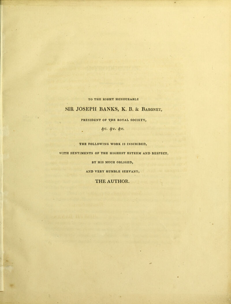 TO THE RIGHT HONOURABLE SIR JOSEPH BANKS, K. B. & Baronet, PRESIDENT OF T,HE ROYAL SOCIETY, ^c. ^c. 6fc. THE FOLLOWING WORK IS INSCRIBED, WITH SENTIMENTS OF THE HIGHEST ESTEEM AND RESPECT, BY HIS MUCH OBLIGED, AND VERY humble SERVANT, THE AUTHOR