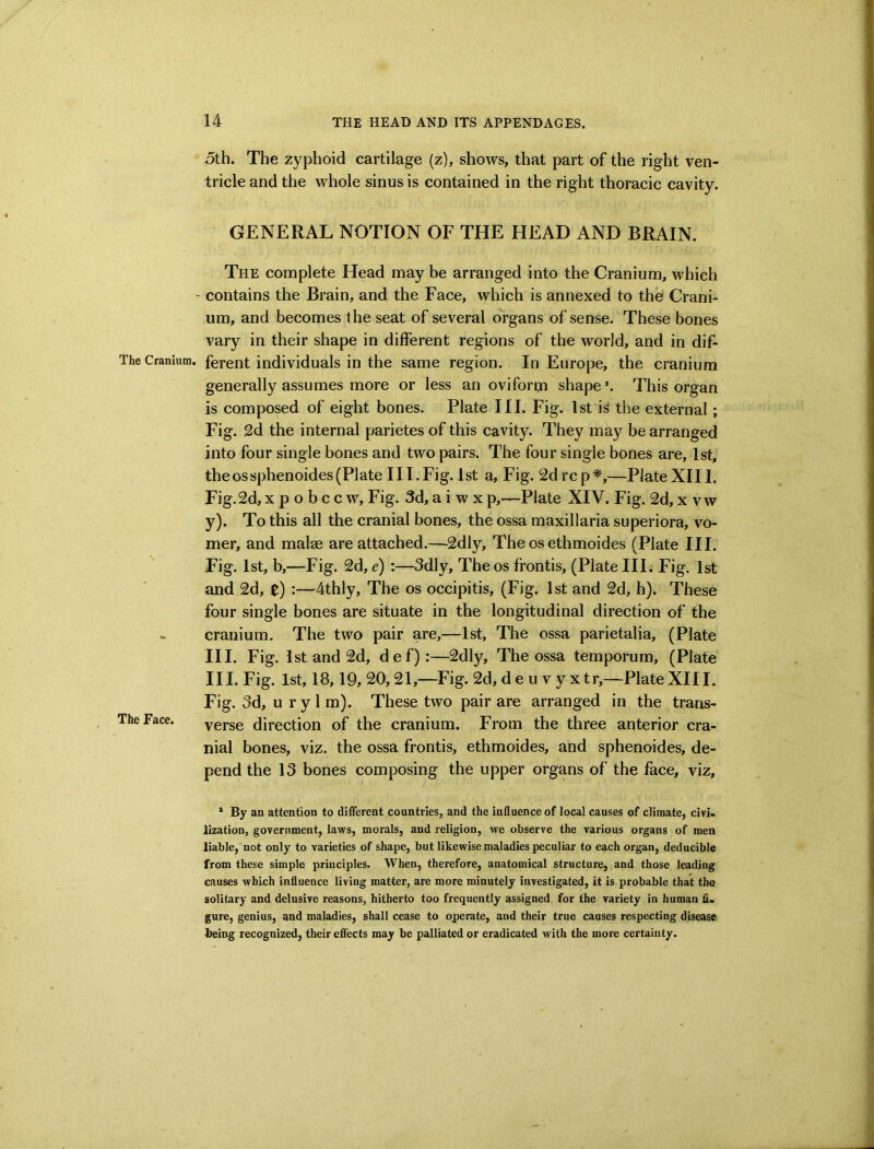 5th. The zyphoid cartilage (z), shows, that part of the right ven- tricle and the whole sinus is contained in the right thoracic cavity. GENERAL NOTION OF THE HEAD AND BRAIN. The complete Head may be arranged into the Cranium, which - contains the Brain, and the Face, which is annexed to the Crani- um, and becomes the seat of several organs of sense. These bones vary in their shape in different regions of the world, and in dif- The Cranium, ferent individuals in the same region. In Europe, the cranium generally assumes more or less an oviform shape'. This organ is composed of eight bones. Plate III. Fig. 1st is the external; Fig. 2d the internal parietes of this cavity. They may be arranged into four single bones and two pairs. The four single bones are, 1st, theossphenoides(Plate III.Fig. 1st a. Fig. 2drcp^,—PlateXIII. Fig.2d, X p o b c c w. Fig. 3d, a i w x p,—Plate XIV. Fig. 2d, x v w y). To this all the cranial bones, the ossa maxillaria superiora, vo- mer, and malse are attached.—2dly, The os ethmoides (Plate III. Fig. 1st, b,—Fig. 2d, e) :—3dly, The os ffontis, (Plate HE Fig. 1st and 2d, t) -—4thly, The os occipitis, (Fig. 1st and 2d, h). These four single bones are situate in the longitudinal direction of the - cranium. The two pair are,—1st, The ossa parietalia, (Plate HI. Fig. 1st and 2d, def):—2dly, The ossa temporum, (Plate III. Fig. 1st, 18,19, 20,21,—Fig. 2d, de u v y xtr,—PlateXIII. Fig. 3d, u r y 1 m). These two pair are arranged in the trans- TheFace. verse direction of the cranium. From the three anterior cra- nial bones, viz. the ossa frontis, ethmoides, and sphenoides, de- pend the 13 bones composing the upper organs of the face, viz, * By an attention to different countries, and the influence of local causes of climate, civi- lization, government, laws, morals, and religion, we observe the various organs of men liable, not only to varieties of shape, but likewise maladies peculiar to each organ, deducible from these simple principles. When, therefore, anatomical structure, and those leading causes which influence living matter, are more minutely investigated, it is probable that the solitary and delusive reasons, hitherto too frequently assigned for the variety in human fl. gure, genius, and maladies, shall cease to ojperate, and their true causes respecting disease being recognized, their effects may be palliated or eradicated with the more certainty.