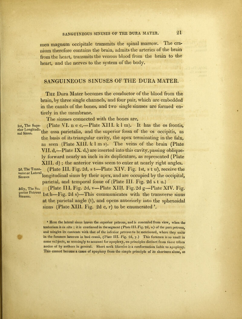 men magnum occipitale transmits the spinal marrow. The cra- nium therefore contains the brain, admits the arteries of the brain ' from the heart, transmits the venous blood from the brain to the heart, and the nerves to the system of the body. SANGUINEOUS SINUSES OF THE DURA MATER. The Dura Mater becomes the conductor of the blood from the brain, by three single channels, and four pair, which are embedded in the canals of the bones, and two single sinuses are formed en- tirely in the membrane. The sinuses connected with the bones are, 1st, The Supe- (Plate VI. 11 e c,—Plate XIII. k 1 m). It has the os frontis, ossa parietalia, and the superior fossa of the os occipitis, as the basis of its triangular cavity, the apex terminating in the falx, as seen (Plate XIII. k 1 m s). The veins of the brain (Plate VII. d,—Plate IX. d,) are inserted into this cavity, passing oblique- ly forward nearly an inch in its duplicature, as represented (Plate XIII. d); the anterior veins seem to enter at nearly right angles. 2d, The Trans- (Plate III. Fig. 2d, s t—Plate XIV. Fig. 1st, s t u), receive the siruses*^ longitudinal sinus by their apex, and are occupied by the occipital, parietal, and temporal fossae of (Plate III. Fig. 2d s t u.) sdiy, The Su- (Plate III. Fig. 2d, V—Plate XIII. Fig. 2d g—Plate XIV. Fig. sSusesr^*'^”'^^ Isth—Fig. 2d s)—This communicates with the transverse sinus at the parietal angle (t), and opens anteriorly into the sphenoidal sinus (Plate XIII. Fig. 2d c, r) to be enumerated * Here the lateral sinus leaves the superior petrous, and is concealed from view, when the tentorium is era ; itis continued in thesegment (Plate III.Fig. 2d, u) of the pars petrosa, and mingles its contents with that of the inferior petrous to be mentioned, where they unite in the foramen lacerum in basi cranii, (Plate III. Fig. 2d, y.) This foramen is so small in some subjects, as seemingly to account for apoplexy, on principles distinct from those taken notice of by authors in general. Short neck likewise is a conformation liable to apoplexy. This cannot become a cause of apoplexy from the simple principle of its shortness alone, as