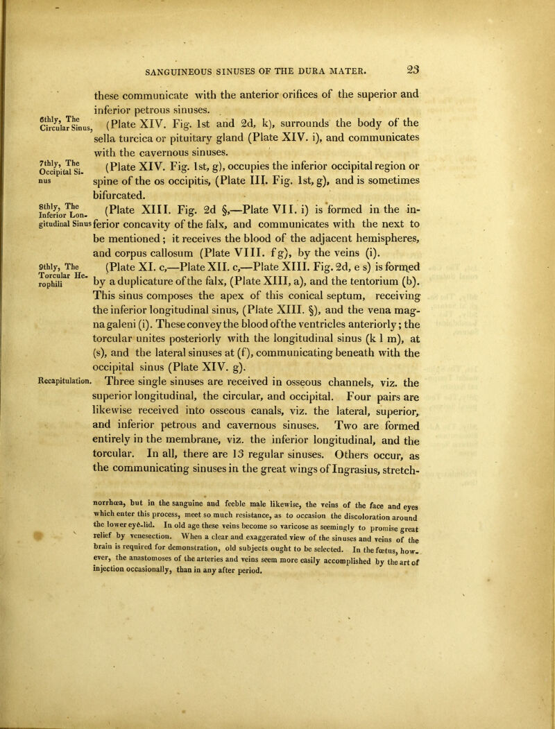 these communicate with the anterior orifices of the superior and inferior petrous sinuses. ChlSiaJsLus, (Plate XIV. Fig. 1st and 2d, k), surrounds the body of the sella turcica or pituitary gland (Plate XIV. i), and communicates with the cavernous sinuses. (Plate XI V. Fig. 1st, g), occupies the inferior occipital region or spine of the os occipitis, (Plate III. Fig. 1st, g), and is sometimes bifurcated. (Plate XIII. Fig. 2d §,—Plate VII. i) is formed in the in- gitudinai Sinusferior concavity of the falx, and communicates with the next to be mentioned; it receives the blood of the adjacent hemispheres, and corpus callosum (Plate VIII. fg), by the veins (i). (Plate XI. c,—Plate XII, c,—Plate XIII. Fig. 2d, e s) is fornied by aduplicature of the falx, (Plate XIII, a), and the tentorium (b). This sinus composes the apex of this conical septum, receiving the inferior longitudinal sinus, (Plate XIII. §), and the vena mag- nagaleni (i). These convey the blood ofthe ventricles anteriorly; the torcular unites posteriorly with the longitudinal sinus (k 1 m), at (s), and the lateral sinuses at (f), communicating beneath with the occipital sinus (Plate XIV. g). Recapitulation, Three single sinuses are received in osseous channels, viz. the superior longitudinal, the circular, and occipital. Four pairs are likewise received into osseous canals, viz. the lateral, superior, and inferior petrous and cavernous sinuses. Two are formed entirely in the membrane, viz. the inferior longitudinal, and the torcular. In all, there are 13 regular sinuses. Others occur, as the communicating sinuses in the great wings of Ingrasius, stretch- 7thly, The Occipital Si< nus Sthly, The Inferior Lon 9thly, The Torcular He- rophili norrhcea, but in the sanguine and feeble male likewise, the reins of the face and eyes which enter this process, meet so much resistance, as to occasion the discoloration around the lower eye.lid. In old age these veins become so varicose as seemingly to promise great relief by venesection. When a clear and exaggerated view of the sinuses and veins of the brain is required for demonstration, old subjects ought to be selected. In the fcetus, how- ever, the anastomoses of the arteries and veins seem more easily accomplished by the art of injection occasionally, than in any after period.