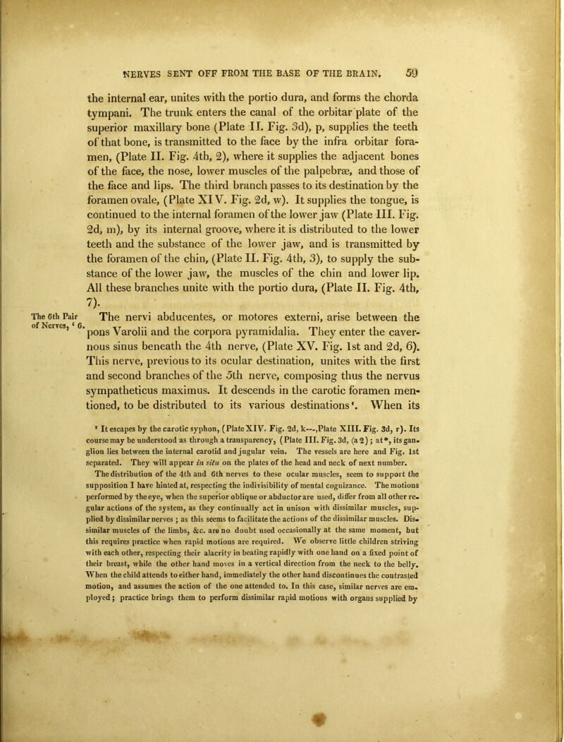the internal ear, unites with the portio dura, and forms the chorda tympani. The trunk enters the canal of the orbitar plate of the superior maxillary bone (Plate II. Fig. 3d), p, supplies the teeth of that bone, is transmitted to the face by the infra orbitar fora- men, (Plate II. Fig. 4th, 2), where it supplies the adjacent bones of the face, the nose, lower muscles of the palpebrse, and those of the face and lips. The third branch passes to its destination by the foramen ovale, (Plate XIV. Fig. 2d, w). It supplies the tongue, is continued to the internal foramen of the lower jaw (Plate III. Fig. 2d, m), by its internal groove, where it is distributed to the lower teeth and the substance of the lower jaw, and is transmitted by the foramen of the chin, (Plate II. Fig. 4th, 3), to supply the sub- stance of the lower jaw, the muscles of the chin and lower lip. All these branches unite with the portio dura, (Plate II. Fig. 4th, 7). The 6th Pair of Neryesj ‘ 6. The nervi abducentes, or motores externi, arise between the pons Varolii and the corpora pyramidalia. They enter the caver- nous sinus beneath the 4th nerve, (Plate XV. Fig. 1st and 2d, 6). This nerve, previous to its ocular destination, unites with the first and second branches of the 5th nerve, composing thus the nervus sympatheticus maximus. It descends in the carotic foramen men- tioned, to be distributed to its various destinationsWhen its * It escapes by the carotic syphon, (PlateXIV. Fig. 2d, k—,Plate XIII. Fig. 3d, r). Its course may be understood as through a transparency, (Plate III. Fig. 3d, (a2); at*, its gan- glion lies between the internal carotid and jugular vein. The yessels are here and Fig. 1st separated. They -will appear in situ on the plates of the head and neck of next number. The distribution of the 4th and 6th nerves to these ocular muscles, seem to support the supposition I have hinted at, respecting the indivisibility of mental cognizance. The motions performed by the eye, when the superior oblique or abductor are used, diflFer from all other re- gular actions of the system, as they continually act in unison with dissimilar muscles, sup- plied by dissimilar nerves ; as this seems to facilitate the actions of the dissimilar muscles. Dis- similar muscles of the limbs, &c. are no doubt used occasionally at the same moment, but this requires practice when rapid motions are required. We observe little children striving with each other, respecting their alacrity in beating rapidly with one hand on a fixed point of their breast, while the other hand moves in a vertical direction from the neck to the belly. When the child attends to either hand, immediately the other hand discontinues the contrasted motion, and assumes the action of the one attended to. In this case, similar nerves are em- ployed ; practice brings them to perform dissimilar rapid motions with organs supplied by