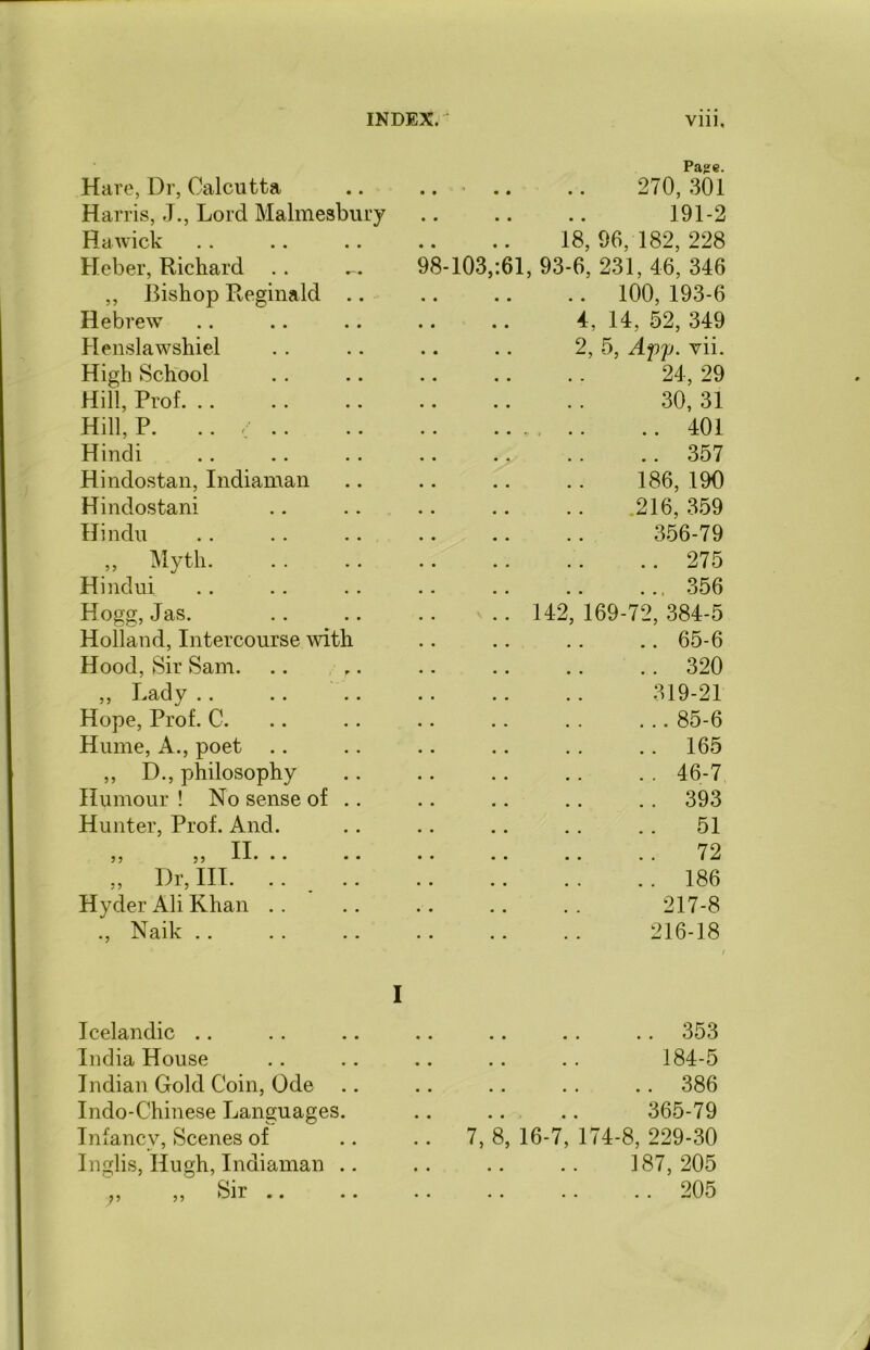 Hare, Dr, Calcutta Page. 270,301 Harris, J., Lord Malmesbury 191-2 Hawick 18, 96, 182, 228 Heber, Richard .. 98-103,:61, 93-6, 231, 46, 346 ,, Bishop Reginald .. .. 100, 193-6 Hebrew 4, 14, 52, 349 Henslawshiel 2, 5, App. vii. High School 24, 29 Hill, Prof. 30, 31 Hill, P. .. / .. .. 401 Hindi .. 357 Hindostan, Indiaman 186, 190 Hindostani 216, 359 Hindu 356-79 „ Myth .. 275 Hindu! 356 Hogg, Jas. 142, 169-72, 384-5 Holland, Intercourse with .. 65-6 Hood, Sir Sam. .. 320 ,, Lady 319-21 Hope, Prof. C. 85-6 Hume, A., poet .. 165 ,, D., philosophy .. 46-7 Humour ! No sense of .. .. 393 Hunter, Prof. And. .. 51 ,, ,, II. .. 72 ., Dr, III. .. 186 Hyder Ali Khan .. .. 217-8 ., Naik 216-18 1 Icelandic .. .. 353 India House • • • • 184-5 Indian Gold Coin, Ode .. • • • • .. 386 Indo-Chinese Languages. • • 365-79 Infancy, Scenes of •. 7, 8, 16-7, 174-8, 229-30 Inglis, Hugh, Indiaman .. .. 187,205 Sir 205