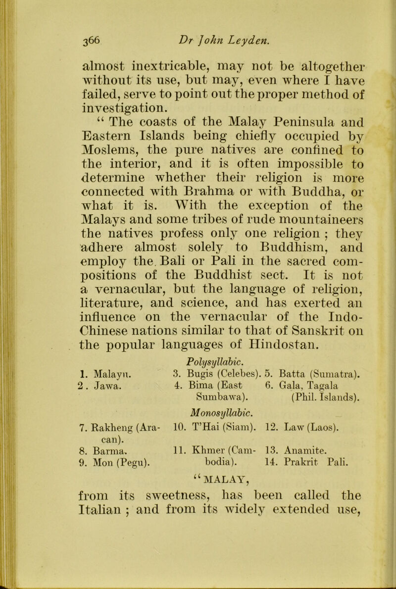 almost inextricable, may not be altogether without its use, but may, even where I have failed, serve to point out the proper method of investigation. “ The coasts of the Malay Peninsula and Eastern Islands being chiefly occupied by Moslems, the pure natives are confined to the interior, and it is often impossible to determine whether their religion is more connected with Brahma or with Buddha, or what it is. With the exception of the Malays and some tribes of rude mountaineers the natives profess only one religion ; they adhere almost solely to Buddhism, and employ the. Bali or Pali in the sacred com- positions of the Buddhist sect. It is not a vernacular, but the language of religion, literature, and science, and has exerted an influence on the vernacular of the Indo- Chinese nations similar to that of Sanskrit on the popular languages of Hindostan. Polysyllabic. 1. Malayn. 3. Bugis (Celebes). 5. Batta (Sumatra). 2. Jawa. 4. Bima (East 6. Gala, Tagala Sumbawa). (Phil. Islands). Monosyllabic. 7. Rakheng (Ara- 10. T’Hai (Siam). 12. Law (Laos). can). 8. Barma. 11. Khmer (Cam- 13. Anamite. 9. Mon (Pegu). bodia). 14. Prakrit Pali. “ MALAY, from its sweetness, has been called the Italian ; and from its widely extended use,