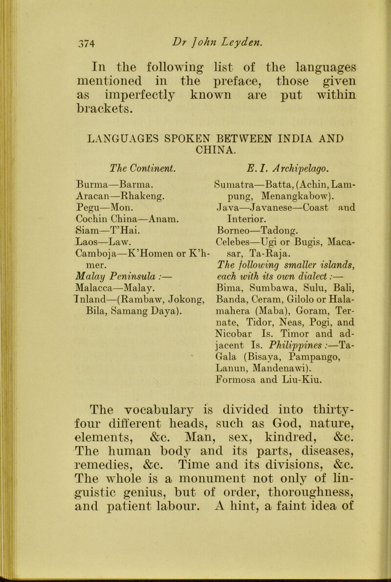 In the following list of the languages mentioned in the preface, those given as imperfectly known are put within brackets. LANGUAGES SPOKEN BETWEEN INDIA AND CHINA. The Continent. Burma—Barma. Aracan—Rhakeng. Pegu—Mon. Cochin China—Anam. Siam—T’Hai. Laos—Law. Camboja—K’Homen or K’h- mer. Malay Peninsula :— Malacca—Malay. Inland—(Rambaw, Jokong, Bila, Samang Daya). E. I. A rehipelago. Sumatra—Batta, (Achin, Lam- pung, Menangkabow). Java—Javanese—Coast and Interior. Borneo—Tadong. Celebes—Ugi or Bugis, Maca- sar, Ta-Raja. The following smaller islands, each with its own dialect:— Bima, Sumbawa, Sulu, Bali, Banda, Ceram, Gilolo or Hala- mahera (Maba), Goram, Ter- nate, Tidor, Neas, Pogi, and Nicobar Is. Timor and ad- jacent Is. Philippines :—Ta- Gala (Bisaya, Pampango, Lanun, Mandenawi). Formosa and Liu-Kiu. The vocabulary is divided into thirty- four different heads, such as God, nature, elements, &c. Man, sex, kindred, &c. The human body and its parts, diseases, remedies, &c. Time and its divisions, &c. The whole is a monument not only of lin- guistic genius, but of order, thoroughness, and patient labour. A hint, a faint idea of