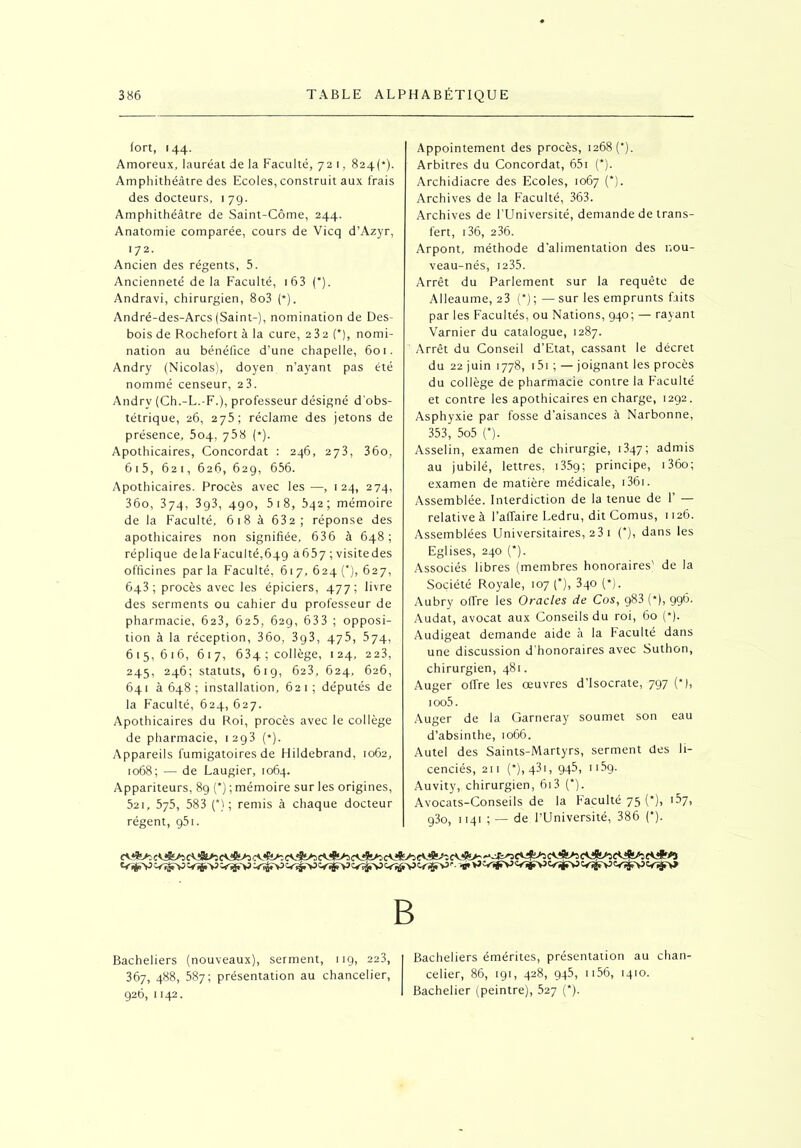 fort, 144. Amoreux, lauréat de la Faculté, 721, 824(*). Amphithéâtre des Ecoles, construit aux frais des docteurs, 179. Amphithéâtre de Saint-Côme, 244. Anatomie comparée, cours de Vicq d’Azyr, 172. Ancien des régents, 5. Ancienneté de la Faculté, 163 (*). Andravi, chirurgien, 8o3 (*). André-des-Arcs (Saint-), nomination de Des- bois de Rochefort à la cure, 2 3 2 (*), nomi- nation au bénéfice d’une chapelle, 601. Andry (Nicolas), doyen n’ayant pas été nommé censeur, 23. Andry (Ch.-L.-F.), professeur désigné d’obs- tétrique, 26, 275; réclame des jetons de présence, 504, 758 (*). Apothicaires, Concordat : 246, 273, 36o, 6 1 5, 621, 626, 629, 656. Apothicaires. Procès avec les —, 124, 274, 36o, 374, 3g3, 490, 5 18, 542; mémoire de la Faculté, 618 à 632 ; réponse des apothicaires non signifiée, 636 à 648; réplique delaFaculté,649 à657 ; visitedes officines parla Faculté, 617, 624(*), 627, 643; procès avec les épiciers, 477; livre des serments ou cahier du professeur de pharmacie, 623, 625, 629, 633 ; opposi- tion à la réception, 36o, 3g3, 475, 574, 615,616, 617, 634; collège, 124, 223, 245, 246; statuts, 619, 623, 624, 626, 641 à 648; installation, 621; députés de la Faculté, 624, 627. Apothicaires du Roi, procès avec le collège de pharmacie, 1293 (*). Appareils fumigatoires de Hildebrand, 1062, 1068; — de Laugier, 1064. Appariteurs, 89 (*) ; mémoire sur les origines, 521, 575, 583 (*) ; remis à chaque docteur régent, g51. Appointement des procès, 1268 (*). Arbitres du Concordat, 651 (*). Archidiacre des Ecoles, 1067 (*). Archives de la Faculté, 363. Archives de l’Université, demande de trans- fert, 136, 236. Arpont, méthode d'alimentation des nou- veau-nés, 1235. Arrêt du Parlement sur la requête de Alleaume, 23 (*); — sur les emprunts faits par les Facultés, ou Nations, 940; — rayant Varnier du catalogue, 1287. Arrêt du Conseil d’Etat, cassant le décret du 22 juin 1778, 151 ; — joignant les procès du collège de pharmacie contre la Faculté et contre les apothicaires en charge, 1292. Asphyxie par fosse d’aisances à Narbonne, 353, 5o5 (*). Asselin, examen de chirurgie, 1347; admis au jubilé, lettres, 135g; principe, i36o; examen de matière médicale, i36i. Assemblée. Interdiction de la tenue de F — relative à l’affaire Ledru, dit Cornus, 1126. Assemblées Universitaires, 23 1 (*), dans les Eglises, 240 (*). Associés libres (membres honoraires' de la Société Royale, 107 (*), 340 (*). Aubry offre les Oracles de Cos, g83 (*), 996. Audat, avocat aux Conseils du roi, 60 (*). Audigeat demande aide à la Faculté dans une discussion d’honoraires avec Suthon, chirurgien, 481. Auger offre les œuvres d’Isocrate, 797 (*), ioo5. Auger de la Garneray soumet son eau d’absinthe, 1066. Autel des Saints-Martyrs, serment des li- cenciés, 211 (*), 431, 945, 1159. Auvity, chirurgien, 613 (*). Avocats-Conseils de la Faculté 75 (*), 157, g3o, 1141 ; — de l’Université, 386 (*). ev rsdkj~. c\ cv*SL-‘- c VîfrV V»a.V> Vÿ V> V B Bacheliers (nouveaux), serment, 119, 223, 367, 488, 587; présentation au chancelier, 926, 1142. Bacheliers émérites, présentation au chan- celier, 86, 191, 428, 945, 1156, 1410. Bachelier (peintre), 527 (*).