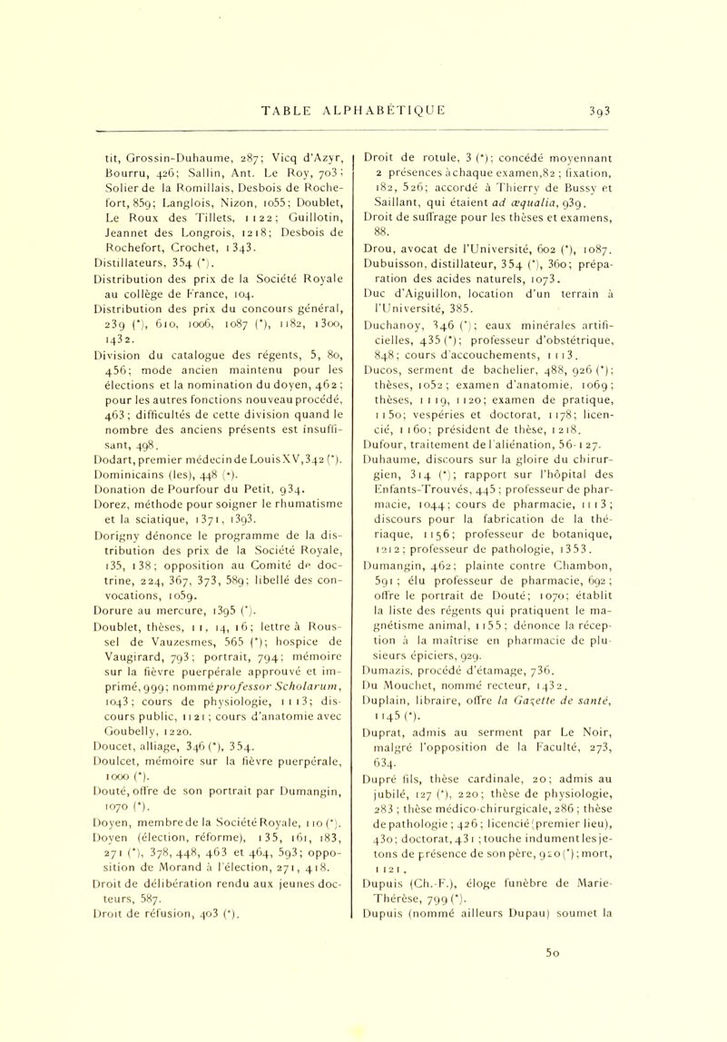 tit, Grossin-Duhaume, 287; Vicq d'Azyr, Bourru, 426; Sallin, Ant. Le Roy, 703; Solierde la Romillais, Desbois de Roche- fort, 859; Langlois, Nizon, io55; Doublet, Le Roux des Tillets, 1122; Guillotin, Jeannet des Longrois, 1218; Desbois de Rochefort, Crochet, 1343. Distillateurs, 354 (*)• Distribution des prix de la Société Royale au collège de France, 104. Distribution des prix du concours général, 23g (*), 610, 1006, 1087 (*), 1182, i3oo, 1432. Division du catalogue des régents, 5, 80, 456; mode ancien maintenu pour les élections et la nomination du doyen, 462 ; pour les autres fonctions nouveau procédé, 463; difficultés de cette division quand le nombre des anciens présents est insuffi- sant, 498. Dodart,premier médecindeLouisXV,342 (*). Dominicains (les), 448 (*). Donation de Pourfour du Petit, 934. Dorez, méthode pour soigner le rhumatisme et la sciatique, 1371, 13g3. Dorigny dénonce le programme de la dis- tribution des prix de la Société Royale, 135, 1 38 ; opposition au Comité de doc- trine, 224, 367, 373, 589; libellé des con- vocations, io5g. Dorure au mercure, 13g5 (). Doublet, thèses, 1 1, 14, 16; lettre à Rous- sel de Vauzesmes, 565 (*); hospice de Vaugirard, 793; portrait, 794: mémoire sur la fièvre puerpérale approuvé et im- primé, 999; nommé prof essor Scholarum, 1043; cours de physiologie, 1113; dis- cours public, 11 21 ; cours d’anatomie avec Goubelly, 1220. Doucet, alliage, 346 (*), 354. Doulcet, mémoire sur la fièvre puerpérale, 1000 (*). Douté, offre de son portrait par Dumangin, 1070 (*). Doyen, membredela Société Royale, 11 o (*). Doyen (élection, réforme), 1 3 5, 161, 183, 271 (*), 378,448, 463 et 464, 593; oppo- sition de Morand à l’élection, 271, 418. Droit de délibération rendu aux jeunes doc- teurs, 587. Droit de réfusion, 403 (*). Droit de rotule, 3(*); concédé moyennant 2 présences àchaque examen,82 ; fixation, 182, 526; accordé à Thierry de Bussy et Saillant, qui étaient ad œqualia, 939. Droit de suffrage pour les thèses et examens, 88. Drou, avocat de l’Université, 602 (*), 1087. Dubuisson, distillateur, 35q (*), 36o; prépa- ration des acides naturels, 1073. Duc d’Aiguillon, location d’un terrain à l’Université, 385. Duchanoy, 846 (*) ; eaux minérales artifi- cielles, 435 (*) ; professeur d’obstétrique, 848; cours d’accouchements, 1 r 1 3 . Ducos, serment de bachelier, 488, g26(*); thèses, 1052; examen d’anatomie, 1069; thèses, 11 19, 1120; examen de pratique, ii5o; vespéries et doctorat, 1178; licen- cié, 1 160; président de thèse, 1218. Dufour, traitement de l’aliénation, 56-1 27. Duhaume, discours sur la gloire du chirur- gien, 3iq (*) ; rapport sur l’hôpital des Enfants-Trouvés, 445 ; professeur de phar- macie, 1044; cours de pharmacie, 11 1 3 ; discours pour la fabrication de la thé- riaque, 1156; professeur de botanique, 1212; professeur de pathologie, 1 3 5 3 . Dumangin, 462; plainte contre Chambon, 5gi; élu professeur de pharmacie, 692 ; offre le portrait de Douté; 1070; établit la liste des régents qui pratiquent le ma- gnétisme animal, 11 55; dénonce la récep- tion à la maîtrise en pharmacie de plu- sieurs épiciers, 92g. Dumazis, procédé d’étamage, 736. Du Mouchet, nommé recteur, 1432. Duplain, libraire, offre la Galette de santé, 1145 (*). Duprat, admis au serment par Le Noir, malgré l’opposition de la Faculté, 273, 63q. Dupré fils, thèse cardinale, 20; admis au jubilé, 127 (*), 220; thèse de physiologie, 283 ; thèse médico-chirurgicale, 286 ; thèse de pathologie ; 426 ; licencié (premier lieu), q3o; doctorat, 43 1 ; touche indûment les je- tons de présence de son père, 920 (*) ; mort, 1121. Dupuis (Ch.-F.), éloge funèbre de Marie- Thérèse, 799 (*). Dupuis (nommé ailleurs Dupau) soumet la 5o