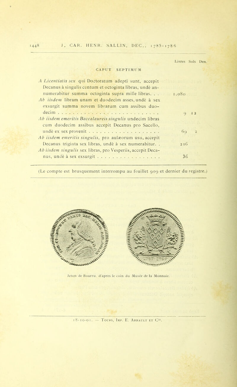 J. CAR. HE\K. SALLl.N, DEC., 785- I 78 (3 1448 CAPUT SEPTIMUM Livres Sols Den. -A Licentialis sex qui Doctoratum adepti sunt, accepit Decanus a singulis centum et octoginta libras, unde an- numerabitur summa octoginta supra mille libras. . . 1.080 Ab iisdem libram unam et duodecim asses, unde a sex exsurgit summa novem librarum cum assibus duo- decim q 12 Ab iisdem emeritis Baccalaiireis singulis undecim libras cum duodecim assibus accepit Decanus pro Sacello, unde ex sex provenit 6q 2 Ab iisdem emeritis singulis, pro aulasorum usu, accepit Decanus triginta sex libras, unde a sex numerabitur. . 216 Ab iisdem singulis sex libras, pro Vesperiis, accepit Deca- nus, unde a sex exsurgit 3G (Le compte est brusquement interrompu au feuillet qog et dernier du rcgistre.) Jelon de Bourru. d'apres le coin du Musee dc la Alonnaie. 18-10-01. — Tours, Imp. E. Akrault et C'“.