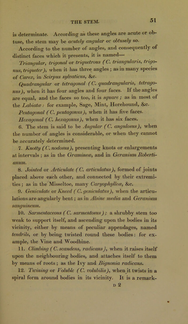 is determinate. According as these angles are acute or ob- tuse, the stem may be acutely angular or obtusely so. According to the number of angles, and consequently of distinct faces which it presents, it is named Triangular, trigonal or triquetrous (C. triangularis, trigo- nus, triqueter), when it lias three angles ; as in many species of Carex, in Scirpus sylvaticus, &c. Quadrangular or tetragonal (C. quadrangular is, tetrago- nus), when it has four angles and four faces. If the angles are equal, and the faces so too, it is square’, as in most of the Labiatce: for example, Sage, Mint, Horehound, &c. Pentagonal (C. pentagonus), when it has five faces. Hexagonal (C. hexagonus), when it has six faces. 6. The stem is said to he Angular (C. angidosus), when the number of angles is considerable, or when they cannot he accurately determined. 7. Knotty (C. nodosus), presenting knots or enlargements at intervals ; as in the Graminece, and in Geranium Roberti- anum. 8. Jointed or Articulate (C. articulatus), formed of joints placed above each other, and connected by their extremi- ties ; as in the Misseltoe, many Caryophyllece, &c. 9. Geniculate or Kneed (C. genicidatus), when the articu- lations are angularly bent; as in Alsine media and Geranium sanguineum. 10. Sarmentaceous (C. sarmentosus) ; a shrubby stem too weak to support itself, and ascending upon the bodies in its vicinity, either by means of peculiar appendages, named tendrils, or by being twisted round these bodies: for ex- ample, the Vine and Woodbine. 11. Climbing (C. scandens, radicans), when it raises itself upon the neighbouring bodies, and attaches itself to them by means of roots; as the Ivy and Bignonia radicans. 12. Twining or Voluble (C. volubilis), when it twists in a spiral form around bodies in its vicinity. It is a remark- d 2