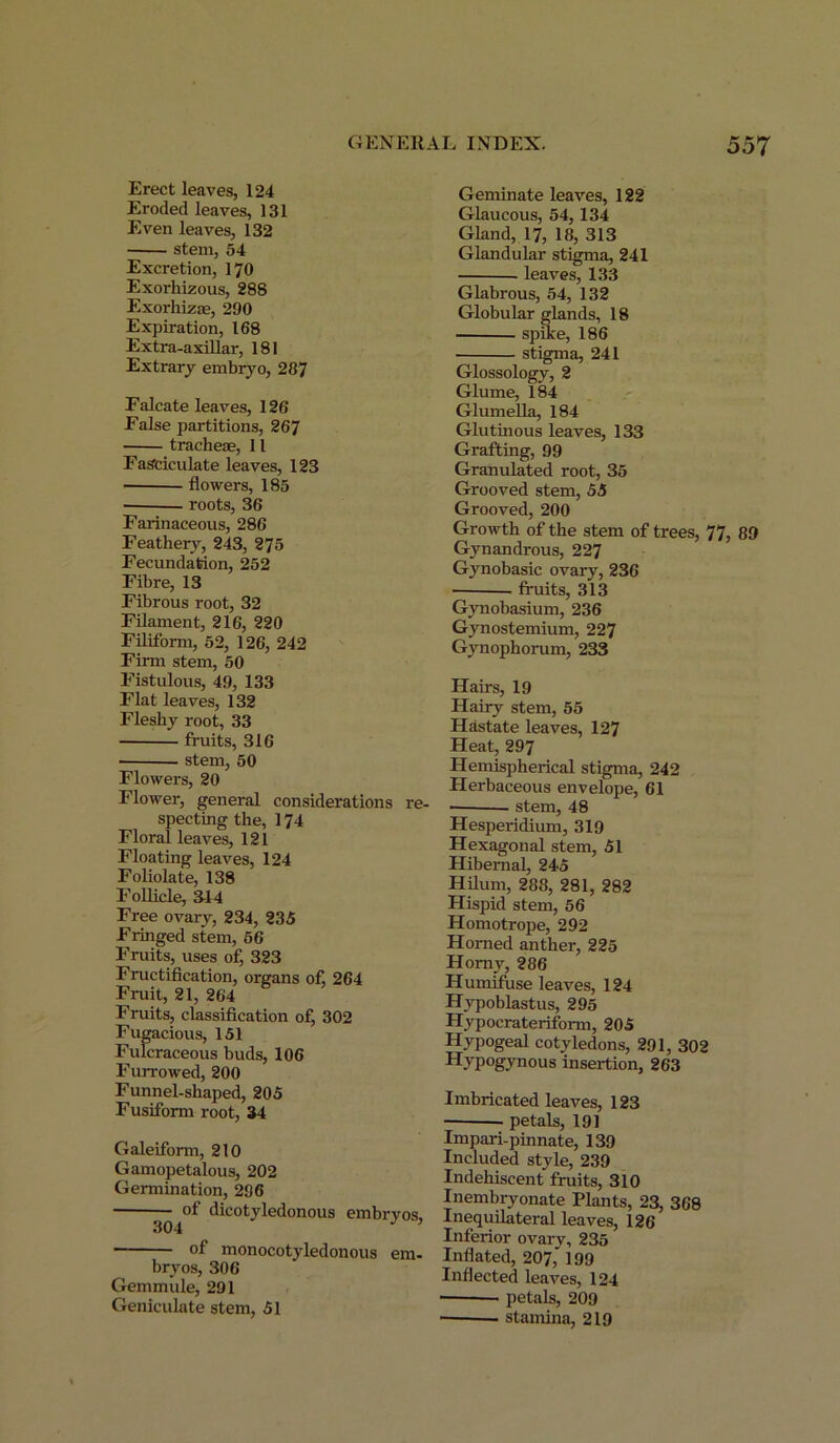 Erect leaves, 124 Eroded leaves, 131 Even leaves, 132 stem, 54 Excretion, 170 Exorhizous, 288 Exorhizae, 290 Expiration, 168 Extra-axillar, 181 Extrary embryo, 287 Falcate leaves, 126 False partitions, 267 tracheae, 11 Fasciculate leaves, 123 flowers, 185 roots, 36 Farinaceous, 286 Feathery, 243, 275 Fecundation, 252 Fibre, 13 Fibrous root, 32 Filament, 216, 220 Filiform, 52, 126, 242 Firm stem, 50 Fistulous, 49, 133 Flat leaves, 132 Fleshy root, 33 fruits, 316 ■ • stem, 50 Flowers, 20 Flower, general considerations re- specting the, 174 Floral leaves, 121 Floating leaves, 124 Foliolate, 138 Follicle, 344 Free ovary, 234, 235 Fringed stem, 56 Fruits, uses of, 323 Fructification, organs of, 264 Fruit, 21, 264 Fruits, classification of, 302 Fuga cious, 151 Fulcraceous buds, 106 Furrowed, 200 Funnel-shaped, 205 Fusiform root, 34 Galeifonn, 210 Gamopetalous, 202 Germination, 296 of dicotyledonous embryos, 304 J ’ of monocotyledonous em- bryos, 306 Gemmule, 291 Geniculate stem, 51 Geminate leaves, 122 Glaucous, 54, 134 Gland, 17, 18, 313 Glandular stigma, 241 leaves, 133 Glabrous, 54, 132 Globular glands, 18 spike, 186 stigma, 241 Glossology, 2 Glume, 184 Glumella, 184 Glutinous leaves, 133 Grafting, 99 Granulated root, 35 Grooved stem, 55 Grooved, 200 Growth of the stem of trees, 77, 89 Gynandrous, 227 Gynobasic ovary, 236 fruits, 313 Gynobasium, 236 Gynostemium, 227 Gynophorum, 233 Haks, 19 Hairy stem, 55 Hastate leaves, 127 Heat, 297 Hemispherical stigma, 242 Herbaceous envelope, 61 stem, 48 Hesperidium, 319 Hexagonal stem, 51 Hibernal, 245 Hilum, 288, 281, 282 Hispid stem, 56 Homotrope, 292 Horned anther, 225 Homy, 286 Humifuse leaves, 124 Hypoblastus, 295 Hypocrateriform, 205 Hypogeal cotyledons, 291, 302 Hypogynous insertion, 263 Imbricated leaves, 123 . petals, 191 Impari- pinnate, 139 Included style, 239 Indehiscent fruits, 310 Inembryonate Plants, 23, 368 Inequilateral leaves, 126 Inferior ovary, 235 Inflated, 207, 199 Inflected leaves, 124 — petals, 209 stamina, 219