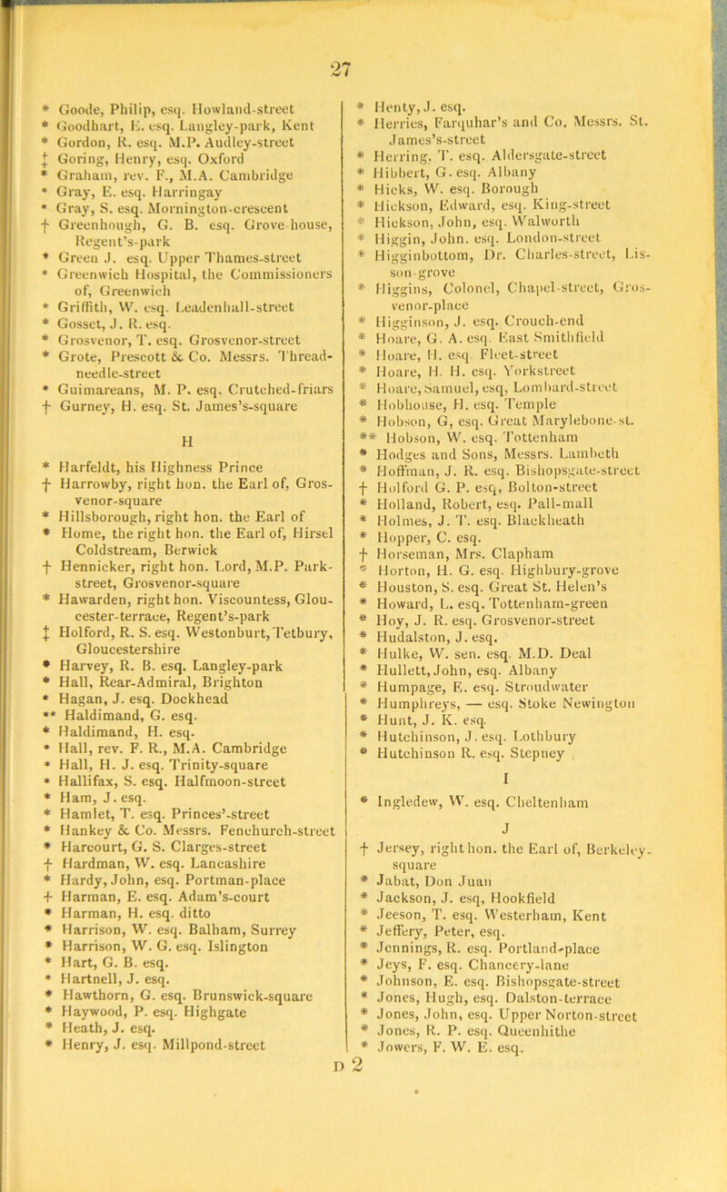 * Goode, Philip, esq. Howland-street * Goodhart, E. esq. Langley-park, Kent * Gordon, R. esq. M.P. Audley-street £ Goring, Henry, esq. Oxford * Graham, rev. F., M.A. Cambridge * Gray, E. esq. Harringay * Gray, S. esq. Mornington-crescent f Greenhougti, G. B. esq. Grove house, Regent’s-park * Green J. esq. Upper Thames-street * Greenwich Hospital, the Commissioners of, Greenwich * Griffith, W. esq. Leadenhall-street * Gosset, J. R. esq. * Grosvenor, T. esq. Grosvenor-street * Grote, Prescott &, Co. Messrs. Thread- needle-street * Guimareans, M. P. esq. Crutched-friars f Gurney, H. esq. St. James’s-square H * Harfeldt, his Highness Prince f Harrowby, right lion, the Earl of, Gros- venor-square * Hillsborough, right hon. the Earl of * Home, the right hon. the Earl of, Hirsel Coldstream, Berwick f Hennicker, right hon. Lord, M.P. Park- street, Grosvenor-square * Hawarden, right hon. Viscountess, Glou- cester-terrace, Regent’s-park J Holford, R. S. esq. Westonburt,Tetbury, Gloucestershire * Harvey, R. B. esq. Langley-park * Hall, Rear-Admiral, Brighton * Hagan, J. esq. Dockhead «* Haldimand, G. esq. * Haldimand, H. esq. * Hall, rev. F. R., M.A. Cambridge * Hall, H. J. esq. Trinity-square * Hallifax, S. esq. Halfmoon-street * Ham, J. esq. * Hamlet, T. esq. Princes’-street * Hankey & Co. Messrs. Fenchurch-street * Hareourt, G. S. Clarges-street f Hardman, W. esq. Lancashire * Hardy, John, esq. Portman-place + Harman, E. esq. Adam’s-court * Harman, H. esq. ditto * Harrison, W. esq. Balham, Surrey * Harrison, W. G. esq. Islington * Hart, G. B. esq. * Hartnell, J. esq. * Hawthorn, G. esq. Brunswick-square * Haywood, P. esq. Highgate * Heath, J. esq. * Henry, J. esq. Millpond-street D * Henty, J. esq. * Herries, Farquhar’s and Co. Messrs. St. James’s-street * Herring. T. esq. Aldersgate-strcet * Hibbert, G. esq. Albany * Hicks, W. esq. Borough * Hickson, Edward, esq. King-street * Hickson, John, esq. Walworth * Higgin, John. esq. London-street * Higginbottom, Dr. Charles-street, Lis- son-grove * Higgins, Colonel, Chapel-street, Gros- venor-place * Higginson, J. esq. Crouch-end * Hoare, G. A. esq. East Smithfield * Hoare, H. esq. Fleet-street * Hoare, H. H. esq. Yorkstreet * Hoare,Samuel, esq, Lombard-street * Hobhouse, H. esq. Temple * Hobson, G, esq. Great Marylebone-st. ** Hobson, W. esq. Tottenham * Hodges and Sons, Messrs. Lambeth * Hoffman, J. R. esq. Bishopsgate-street f Holford G. P. esq, Bolton-street * Holland, Robert, esq. Pall-mall * Holmes, J. T. esq. Blaekheath * Hopper, C. esq. f Horseman, Mrs. Clapham * Horton, H. G. esq. Highbury-grove * Houston, S. esq. Great St. Helen’s * Howard, L. esq. Tottenham-green * Hoy, J. R. esq. Grosvenor-street * Hudalston, J. esq. * Hulke, W. sen. esq. M.D. Deal * Hullett, John, esq. Albany * Humpage, E. esq. Stroudwater * Humphreys, — esq. Stoke Newington * Hunt, J. K. esq. * Hutchinson, J. esq. Lothbury * Hutchinson R. esq. Stepney I * Ingledew, W. esq. Cheltenham J f Jersey, right hon. the Earl of, Berkeley - square * Jabat, Don Juan * Jackson, J. esq, Hookfield * Jeeson, T. esq. Westerham, Kent * Jeffery, Peter, esq. * Jennings, R. esq. Portland^place * Jeys, F. esq. Chancery-lane * Johnson, E. esq. Bishopsgate-street * Jones, Hugh, esq. Dalston-terrace * Jones, John, esq. Upper Norton-street * Jones, R. P. esq. Queenhithe * Jowers, F. W. E. esq. 2