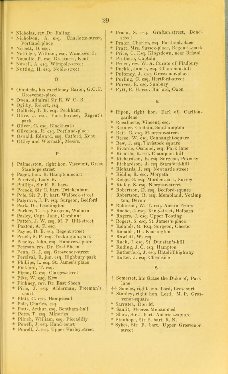 * Nicholas, rev Dr. Ealing * Nicholson, A. esq. Charlotte-street, Portland, pi ace * Nisbett, D. esq. * Nottidge, William, esq. Wandsworth * Nouaille, P. esq. Greatness, Kent * Nowell, A. esq. Wimpole-street * Nutting, H. esq. Noble-street O * Ompteda, his excellency Baron, G.C.H. Grosvenor-place * Owen, Admiral Sir F,. W. C. R. * Ogilby, Robert, esq. * Oldfield, T. B. esq. Peckham * Olive, J. esq. York-terrace, Regent’s park * Oliver, G. esq. Blackhcath * Oliverson, R. esq. Portland-place * Oswald, Edward, esq. Catford, Kent * Ottley and Wormald, Messrs. P f Palmerston, right lion. Viscount, Great Stanhope-street f Paget, hon. B. Hampton-court * Percival, Lady E. * Phillips, Sir R. B. bart. * Pocock, Sir G. bart. Twickenham * Pole, Sir P. P. bart. Welbeck-street * Palgrave, J. P. esq. Surgeon, Bedford * Park, Dr. Leamington * Parker, T. esq. Surgeon, Woburn * Pasley, Capt. John, Cheshunt * Patten, J. W. esq. M. P. Hill-street * Paxton, A. F. esq. * Payne, D. B. esq. Regent-street * Peach, S. P. esq. Tockington-park * Peachy, John, esq Hanover-square * Pearson, rev. Dr. East Sheen * Penn, G. J. esq. Grosvenor-street * Percival, R. jun. esq. Highbury-park * Phillips, L. esq. St. James’s-place * Pickford, T. esq. * Pigou, C. esq. Clarges-street * Pike, W. esq. Kew * Pinkney, rev. Dr. East Sheen * Pirie, J. esq. Alderman, Freeman’s- court * Platt, C. esq. Hampstead * Pole, Charles, esq. * Potts, Arthur, esq. Bentham-hall * Potts, T. esq. Minories * Plinch, William, esq. Piccadilly * Powell, J. esq. Hand-court * Powell, J. esq. Upper Harley-strect * Prado, S. esq. Grafton-street, Bond- street * Prater, Charles, esq. Portland-place * Pratt, Mrs. Sussex-place, Regent’s-park * Price, C. Esq. Kingsdown, near Bristol * Prothero, Captain * Pruen, rev. W. A. Curate of Fladbury * Puckle, James, esq. Champion-hill * Pulteney, J. esq. Grosvenor-place * Purling, G. esq. Hertford-street * Purves, R. esq. Sunbury * Pytt, R. H. esq. Burford, Oxon R * Ripon, right hon. Earl of, Carlton- gardens * Rocafuerte, Vincent, esq. * Rainier, Captain, Southampton * Rait, G. esq. Moorgate-street * Reece, W. esq. Connaught-square * Rew, J. esq. Tavistock-square * Ricardo, Osmond, esq. Park-lane * Ricardo, R. esq. Champion-hill * Richardson, E. esq. Surgeon, Pevensy * Richardson, J. esq. Stamford-hill * Richards, J. esq. Newcastle-street * Riddle, R. esq. Morpeth * Ridge, G. esq. Morden-park, Surrey *' Ridley, S. esq. Newgate-street * Robertson, D. esq. Bedford-square f Robertson, R. esq. Membland, Yealmp- ton, Devon * Robinson, W. T. esq. Austin Friars * Roche, J. esq. King-street, Holborn * Rogers, J. esq. Upper Tooting * Rogers, S. esq. St. James’s-place * Rolands, G. Esq. Surgeon, Chester * Ronalds, Dr. Kensington * Rowlett, W. esq. * Ruck, J. esq. St. Dunstan’s-hill * Ruding, J. C. esq. Hampton *' Rutherford, J. esq. RatclifF-highway * Rutter, J. esq. Cheapside S f Somerset, his Grace the Duke of, Park- lane ft Sondes, right hon. Lord, Leescourt * Stanley, right hon. Lord, M. P. Gros- venor-square * Sarratea, Don M. *' Saulit, Meerza Mohammed * Shaw, Sir J. bart. America-square * Stanhope, Sir E. bart. R. N. * Sykes, Sir F. bart. Upper Grosvenor- street