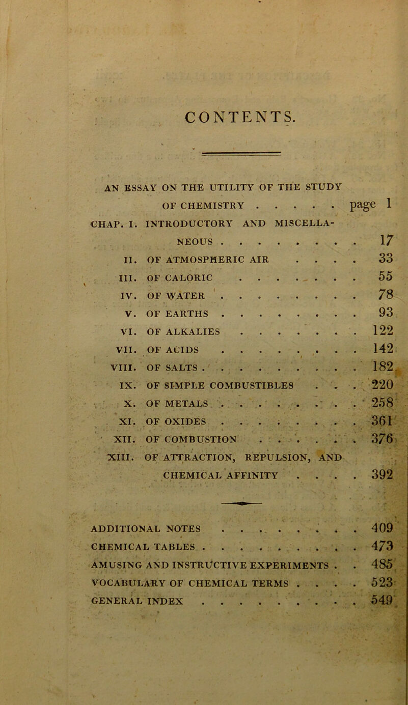 CONTENTS AN ESSAY ON THE UTILITY OF THE STUDY OF CHEMISTRY page 1 CHAP. I. INTRODUCTORY AND MISCELLA- NEOUS . . . . .... 17 II. OF ATMOSPHERIC AIR 33 III. OF CALORIC . . . .... 55 IV. OF WATER .... .... 78 V. OF EARTHS . . . . .... 93 VI. OF ALKALIES .... 122 VII. OF ACIDS . . . . .... 142 , ' VIII. OF SALTS . ' . ... . 182 IX. OF SIMPLE COMBUSTIBLES . . . 220 • X. OF METALS . . ... .’ . . ' 258 XI. OF OXIDES ........ -361 XII. OF COMBUSTION . . . . . 376 XIII. OF ATTRACTION, REPULSION, AND . CHEMICAL AFFINITY .... 392 ADDITIONAL NOTES . . ... . .‘ . . 409 CHEMICAL TABLES 4/3 AMUSING AND INSTRUCTIVE EXPERIMENTS . . 485. VOCABULARY OF CHEMICAL TERMS .... 523’ GENERAL INDEX 549^