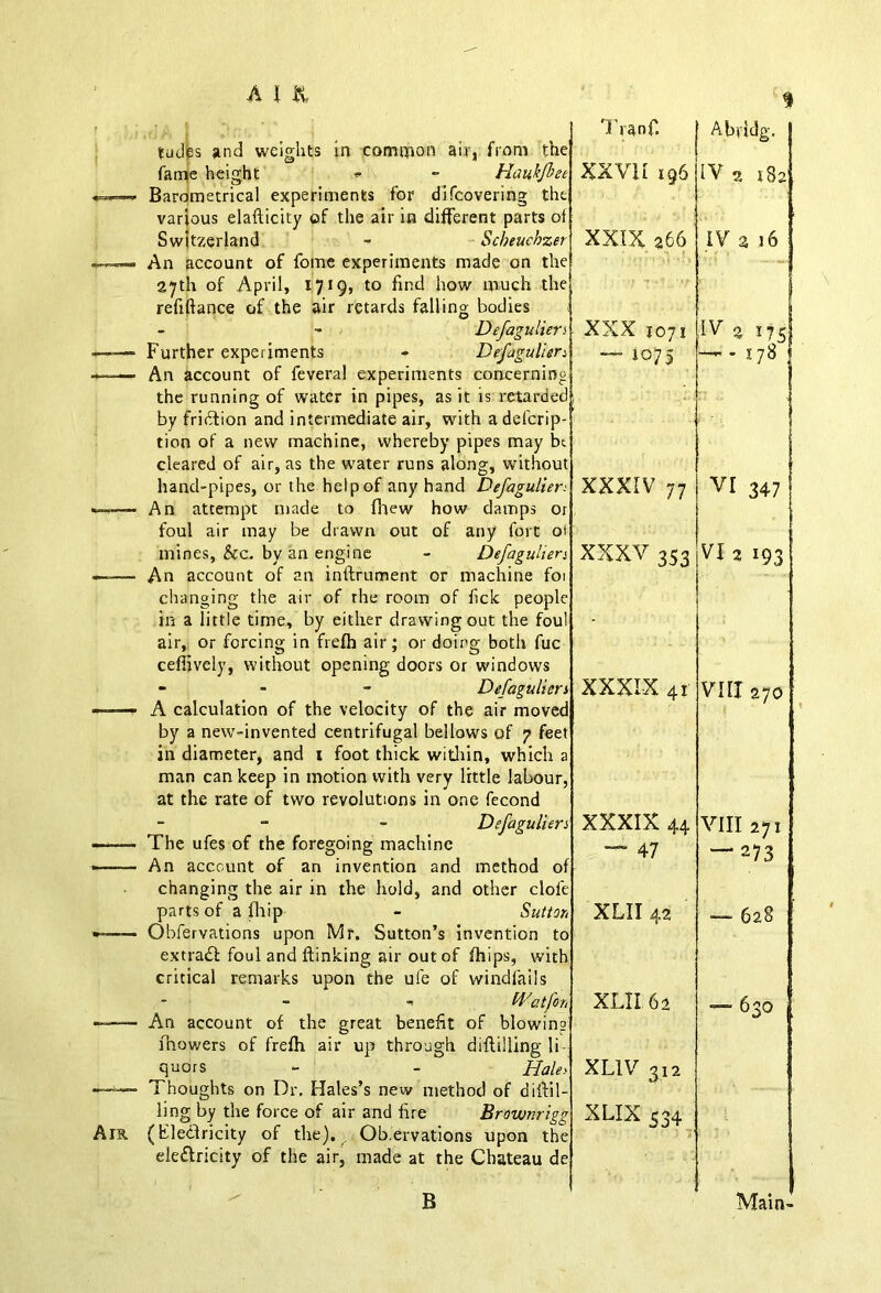 tudps and weights in common air, from the fame height *• - Haukfbee Barometrical experiments for difcovering the various elafticity of the air in different parts of Switzerland - Scbeuchzet An account of fome experiments made on the 27th of April, 1719, to find how much the refiftance of the air retards falling bodies Defagulien Further experiments - Defagulleri An account of feveral experiments concerning the running of water in pipes, as it is retarded by frirftion and intermediate air, with adefcrip- tion of a new machine, whereby pipes may be cleared of air, as the water runs along, without hand-pipes, or the help of any hand Defagulien An attempt made to fnew how damps or foul air may be drawn out of any fort ol mines, &e. by an engine - Defagulien An account of an inftrument or machine foi changing the air of the room of fick people in a little time, by either drawing out the foul air, or forcing in frefh air; or doing both fuc cefiively, without opening doors or windows - Defagulien A calculation of the velocity of the air moved by a new-invented centrifugal bellows of 7 feet in diameter, and 1 foot thick within, which a man can keep in motion with very little labour, at the rate of two revolutions in one fecond - - Defagulien The ufes of the foregoing machine An account of an invention and method of changing the air in the hold, and other clofe parts of a Blip - Sutton Obfervations upon Mr. Sutton’s invention to extradl foul and ftinking air out of fhips, with critical remarks upon the ufe of windfalls Watfor, An account of the great benefit of blowing fhowers of frefh air up through diftilling li- ^quors - - 'Haiti Thoughts on Dr. Hales’s new method of diftil- ling by the force of air and fire Brownrigg (Kleclricity of the). Ob.ervations upon the ele&ricity of the air, made at the Chateau de B Tranf. XXVII 196 Abridg. IV 2 XXIX 266 IV 2 16 XXX 1071 —1075 1 a i?5 — - 178 XXXIV 77 VI 347 ; XXXV 353 VI 2 193 XXXIX 41 VIII 270 XXXIX 44 — 47 VIII 271 — 273 XLII42 —- 628 XLII 62 — 630 XL1V 312 XLIX 534 Main-