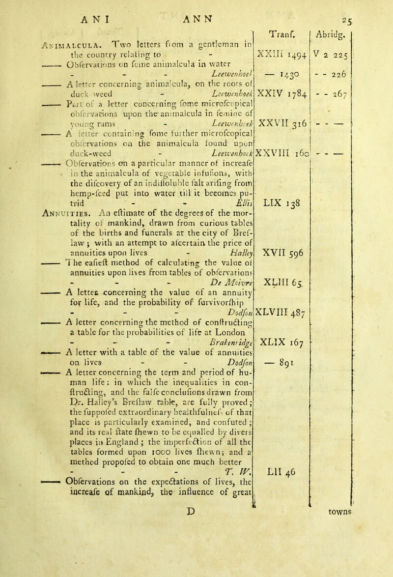 Animalcula. Two letters fiom a gentleman the country relating to Obfervations on feme animalcula in water - Leewenh A letter concerning animalcula, on the roots duck weed - Lccwenl — Puit of a letter concerning fome microfcopi obfervations upon the-animalcula in feminc young rants A letter containing; fome further micrc obfervations duck-weed on the animalcula found in the animalcula of vegetable infuf.ons, with trid Annuities. law ; with an attempt to alcertaii annuities upon lives The eafieft method of calculating; the A lettet concerning the value of an annuit for life, and the probability of furvivorfhip - Dodfo A letter concerning the method of conftrudtin a table for the probabilities of life at London on lives man life ft rafting, in which the inequalities in and the falfeconcluftons drawn place is particularly examined, and confuted and its real ftate fhewn to be equalled by dive places in England ; the imperfection of all tl tables formed upon ioco lives fhewn; and method propofed to obtain one much better r. u D Tranf. n Abridg. XXIIi 1494 V 2 225 / — 143° f - - 226 k XXIV 1784 ll - - 267 f k XXVII 316 ll n k XXVIII 160 e h n 's LIX 138 s f -y XVII 596 f s V XL1II 65. y n XLVIII 487 rr v XLIX 167 s n — 891 n 3 t 3 s e a Lit 46 e t i i towns