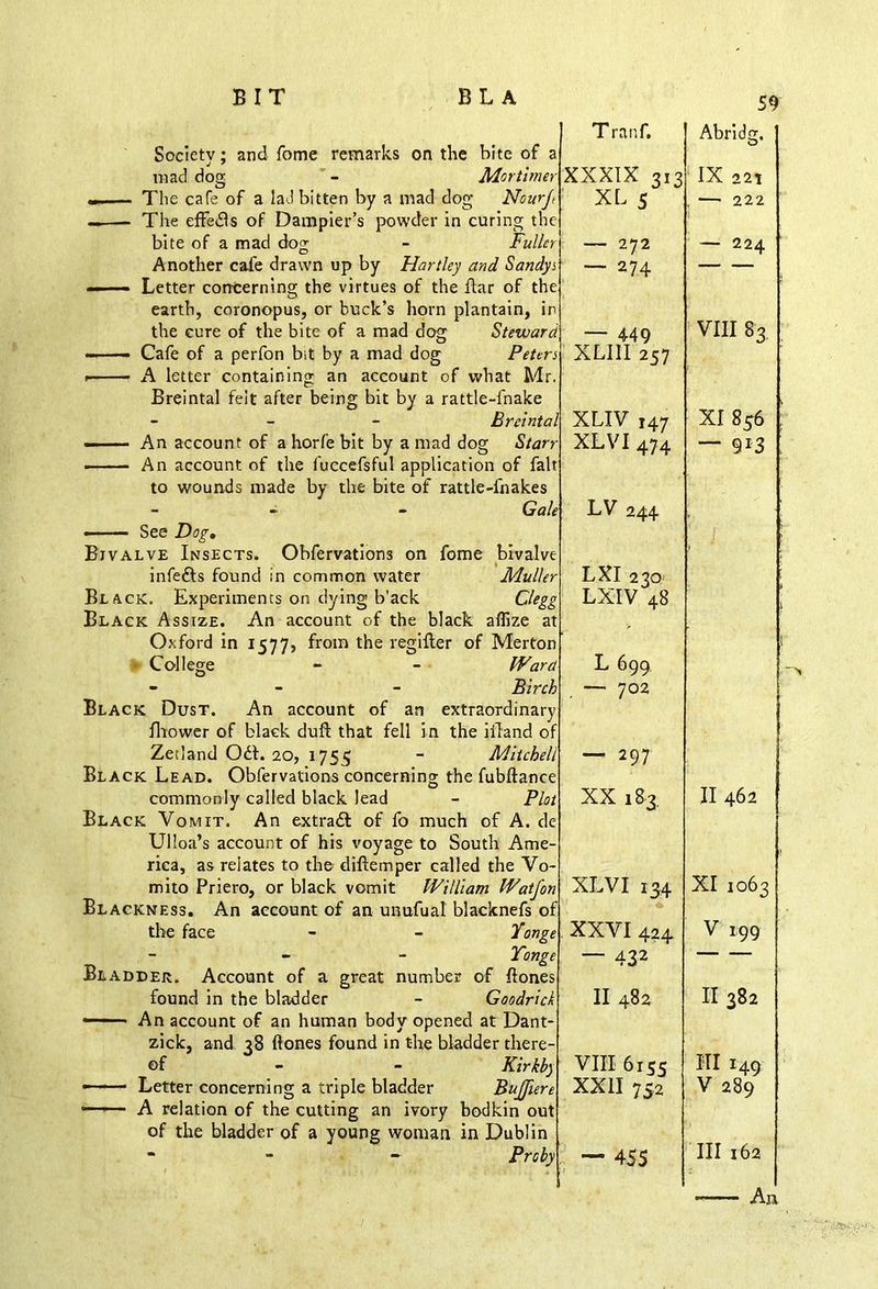 Society; and fome remarks on the bite of a mad dog - Mortimer The cafe of a lad bitten by a mad dog Nourjt Tire effe£ls of Dampier’s powder in curing the bite of a mad dog - Fuller Another cafe drawn up by Hartley and Sandys Letter concerning the virtues of the ftar of the earth, coronopus, or buck’s horn plantain, in the cure of the bite of a mad dog Steward Cafe of a perfon bit by a mad dog Peters A letter containing an account of what Mr. Breintal felt after being bit by a rattle-lhake - Breintal An account of a horfe bit by a mad dog Starr An account of the fuccefsful application of fait to wounds made by the bite of rattle-fnakes - - Gale T ra nf. XXXIX 313 XL 5 — 272 ~ 274 — 449 XLI1I 257 XLIV T47 XLVI 474 LV 244 —— See Dog, Bivalve Insects. Obfervations on fome bivalve infefts found in common water Muller Black. Experiments on dying b'ack Clegg Black Assize. An account of the black aflize at Oxford in 1577, from the regifter of Merton College - - Ward - Birch Black Dust. An account of an extraordinary Brower of black dull that fell in the illand of Zetland Odh 20, 1755 - Mitchell Black Lead. Obfervations concerning the fubflance commonly called black lead - Plot Black Vomit. An extra# of fo much of A. de Ulloa’s account of his voyage to South Ame- rica, as relates to the difiemper called the Vo- mito Priero, or black vomit William Watfon Blackness. An account of an unufuat blacknefs of the face - - Yonge - Yonge Bladder. Account of a great number of Hones found in the bladder - Goodrich —— An account of an human body opened at Dant- zick, and 38 Hones found in the bladder there- of - - Kirkb) —— Letter concerning a triple bladder BuJJiere —— A relation of the cutting an ivory bodkin out of the bladder of a young woman in Dublin “ Prcby LXI 230 LXIV 48 L 699 — 702 — 297 XX 183. XL VI 134 XXVI 424 — 432 II 482 VIII 6155 XXII 752 — 455 59 Abridg. O IX 221 222 — 224 VIII 83 XI 8c6 ' — 913 II 462 XI 1063 V 199 II 382 HI 149 V 289 III 162 An