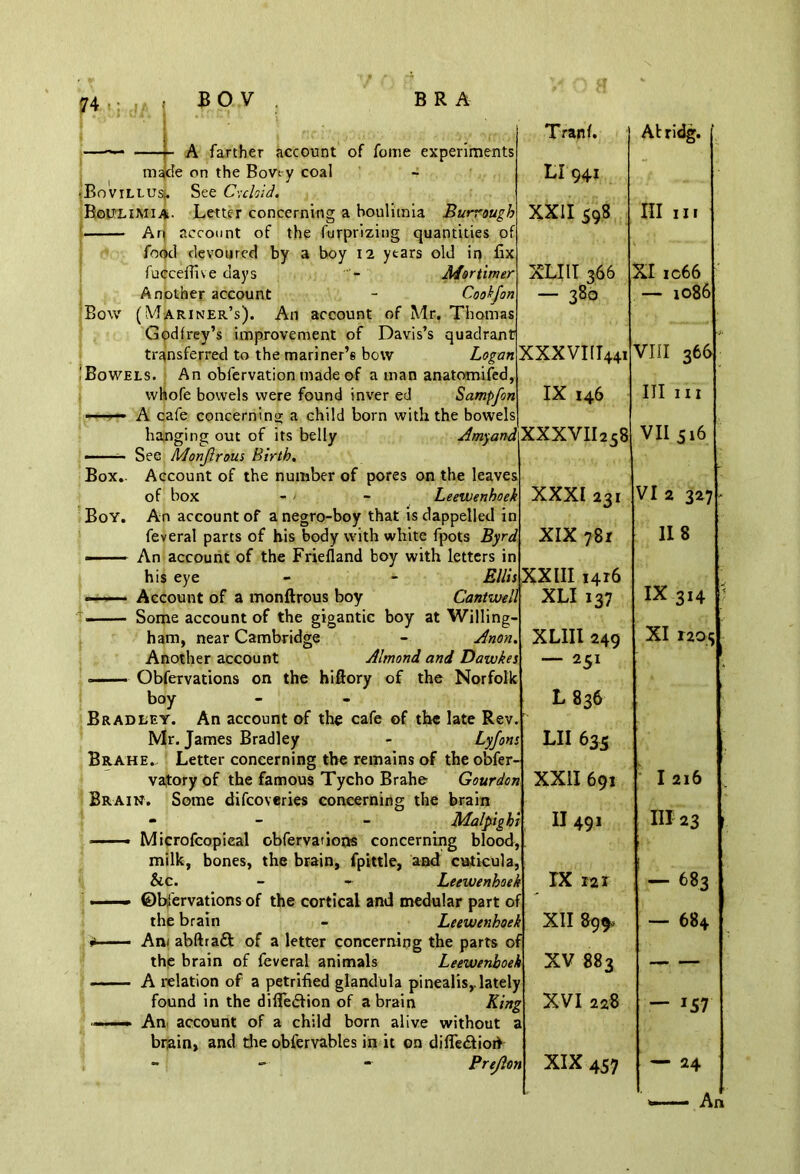 ■Bo VILLUS;. Boulimia. Bow IBowels. Tranf. 4 -4. A farther account of fome experiments! made on the Bovt-y coal - LI 941 See Cycloid. Letter concerning a boulimia Burrough XXII 598 An account of the furprizing quantities of food devoured by a boy 12 years old in fix fucceffive days - Mortimer XLIII 366 Another account - Cookfon — 380 (Mariner’s). An account of Mr. Thomas Godfrey’s improvement of Davis’s quadrant transferred to the mariner’6 bow Logan XXXVI1I44I An obfervation made of a man anatomifed, whofe bowels were found inver ed Sampfon IX 146  <— A cafe concerning a child born with the bowels hajnging out of its belly AmyandK.'K¥>N\\'2.§% See Monjlrous Birth. Box.. Account of the number of pores on the leaves of box - > - Leewenhoek XXXI 231 Boy. An account of a negro-boy that isdappelled in feveral parts of his body with white fpots Byrd XIX 781 —— An account of the Friefland boy with letters in his eye - - Ellis XXIII 1416 Account of a monftrous boy Cantwell XLI 137 Some account of the gigantic boy at Willing ham, near Cambridge - Anon. XLIII 249 Another account Almond and Dawkes — 251 ° Obfervations on the hiftory of the Norfolk boy Bradley. An account of the cafe of the late Rev. Mr. James Bradley - Lyfons Brahe., Letter concerning the remains of the obfer vatory of the famous Tycho Brahe Gourdon Brain. Some difeoveries concerning the brain - Malpighi ——- Microfcopieal obfervations concerning blood, milk, bones, the brain, fpittle, and cuticula &c. - - Leewenhoek —• ©bfervations of the cortical and medular part of the brain - Leewenhoek * — Am abftraft of a letter concerning the parts of the brain of feveral animals Leewenhoek A relation of a petrified gfandula pinealis,.lately found in the difie&ion of a brain King — An account of a child born alive without brain, and die obfervables in it on difiediod - Prejlon L836 LII 635 XXII 691 II 491 IX 121 XII 899, XV 883 XVI 228 XIX 457 Atridg. III MI XI 1066 — 1086 VIII 366 III 111 VII VI 2 327 11 8 IX 3H XI T205 1216 III 23 — 683 — 684 — *57 — 24 An