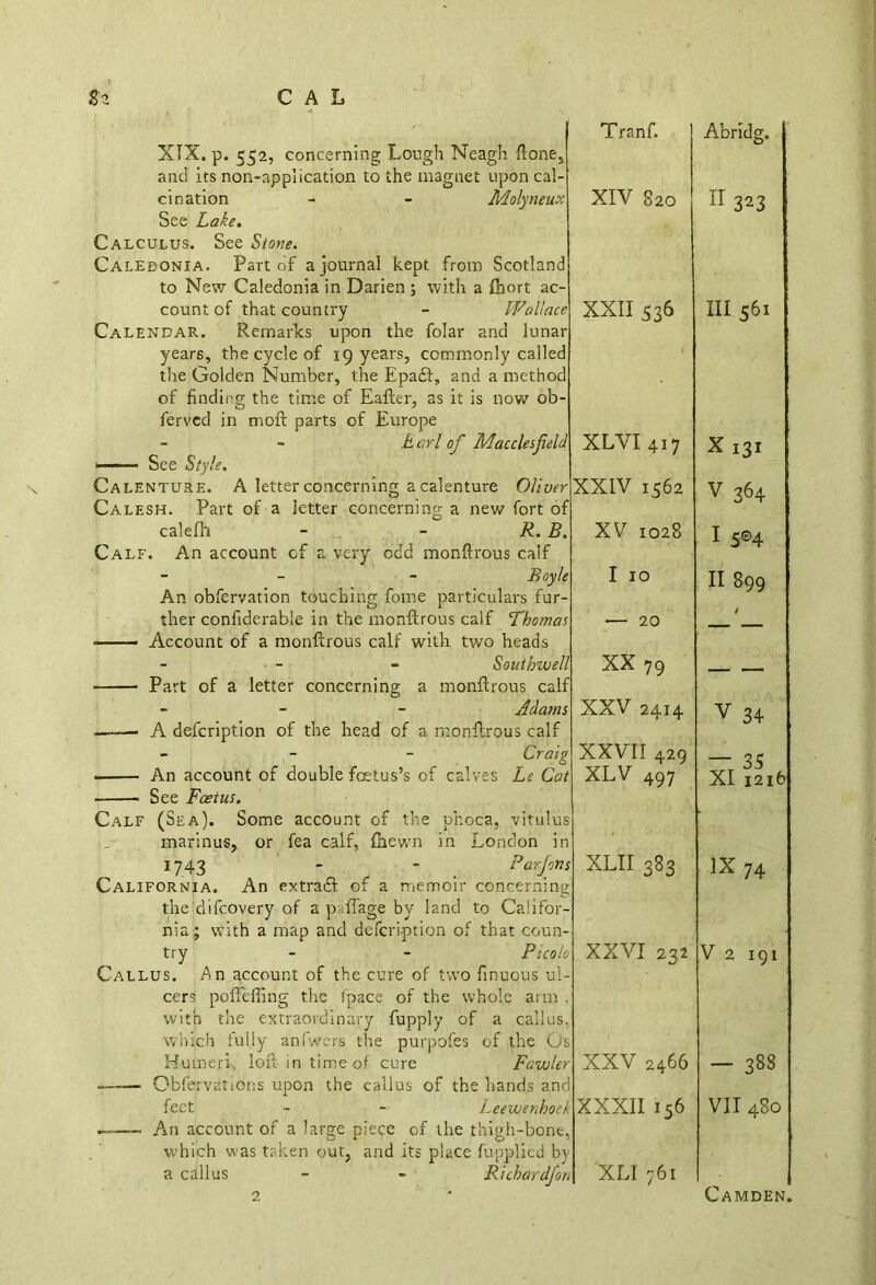 XIX. p. 552, concerning Lough Neagh Hone, and its non-application to the magnet upon cal- cination - - Molyneux See Lake. Calculus. See Stone. Caledonia. Part of a journal kept from Scotland to New Caledonia in Darien ; with a &ort ac- count of that country - Wallace Calendar. Remarks upon the folar and lunar years, the cycle of 19 years, commonly called the Golden Number, the Epa#, and a method of finding the time of Eafter, as it is now ob- fervecl in moft parts of Europe Earl of Macclesfield ' - ■ See Style. Calenture. A letter concerning a calenture Oliver Calesh. Part of a letter concerning a new fort of calefli ^ - R. B. Calf. An account of a very odd monftrous calf - - Boyle An obfervation touching fome particulars fur- ther confiderable in the monftrous calf Thomas ■ Account of a monftrous calf with two heads - Southwell Part of a letter concerning a monftrous calf - Adams .—- A defcription of the head of a monftrous calf - Craig • An account of double foetus’s of calves Le Cat See Foetus. Calf (Sea). Some account of the phoca, vitulus marinus, or fea calf, {hewn in London in 1743 - - Par fins California. An extra# of a memoir concerning the difcovery of a paffage by land to Califor- nia; with a map and defcription of that coun- try - - Picolo Callus. An account of the cure of two finuous ul- cers pofteffing the fpace of the whole arm . with the extraordinary fupply of a callus, which tully am'wcrs the purpofes of the Os Humeri, loft in time of cure Favoler • Obfervations upon the callus of the hands and feet - - Leewenhoek An account of a large piece of the thigh-bone, which was taken out, and its place fupplied b) a callus - - Richard/on Tranf. XIV S20 XXII 336 XLVI 417 XXIV 1562 XV 1028 I 10 — 20 XX 79 XXV 2414 XXVII 429 XLV 497 XLII 383 XXVI 232 XXV 2466 XXXII 156 XLI 761 Abridg. II 323 III 561 X131 V 364 I 5©4 II 899 i V 34 XI 1216 IX 74 V 2 191 - 388 VII 480 Camden.