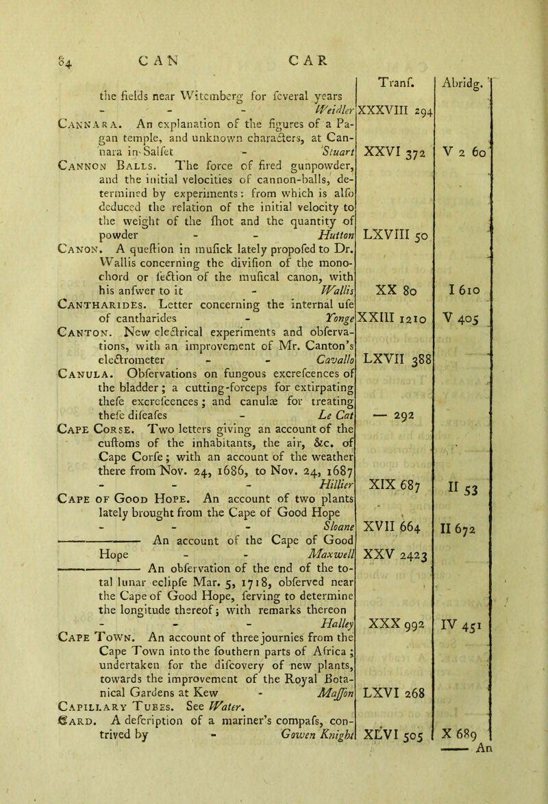 °4 the fields near Witcmberg for feveral years - - Weidler CannARA. An explanation of the figures of a Pa- gan temple, and unknown characters, at Can nara in-Salfet - Stuart Cannon Balls. The force of fired gunpowder, and the initial velocities of cannon-balls, de termined by experiments: from which is alfo deduced the relation of the initial velocity to the weight of the fhot and the quantity of powder - - Hutton Canon. A queflion in mufick lately propofed to Dr. Wallis concerning the divifion of the mono- chord or leftion of the mufical canon, with his anfwer to it - Wallis Cantharides. Letter concerning the internal ufe of cantharides - Yonge Canton. New eleftrical experiments and obferva tions, with an improvement of Mr. Canton’s electrometer - - Cavallo Canula. Obfervations on fungous excrefeences of the bladder ; a cutting-forceps for extirpating thefe excrclcences; and canulae for t thefe dileafes - Le Cat Cape Corse. Two letters giving an account of the cuftoms of the inhabitants, the air, Sic. of Cape Corfe; with an account of the weather there from Nov. 24., 1686, to Nov. 24, 1687 - Hillier Cape of Good Hope. An account of two plants lately brought from the Cape of Good Hope - Sloane An account of the Cape of Good Hope - - Maxwell - — An obfervation of the end of the to- tal lunar eclipfe Mar. 5, 1718, obferved near the Cape of Good Hope, ferving to determine the longitude thereof; with remarks thereon - Halley Cape Town. An account of three journies from the Cape Town into the fouthern parts of Africa ; undertaken for the difeovery of new plants, towards the improvement of the Royal Bota- nical Gardens at Kew - MaJJon Capillary Tubes. See Water. Sard. A defeription of a mariner’s compafs, con trived by Gowen Knight Tranf. XXXVIII 294 XXVI 372 LXVIII 50 XX 80 XXIII 1210 LXVII 388 — 292 XIX 687 XVII 664 XXV 2423 XXX 992 LXVI 268 XLVI 505 Abridg. V 2 60 I 610 v 405 II 53 II 672 IV 451 X689 An